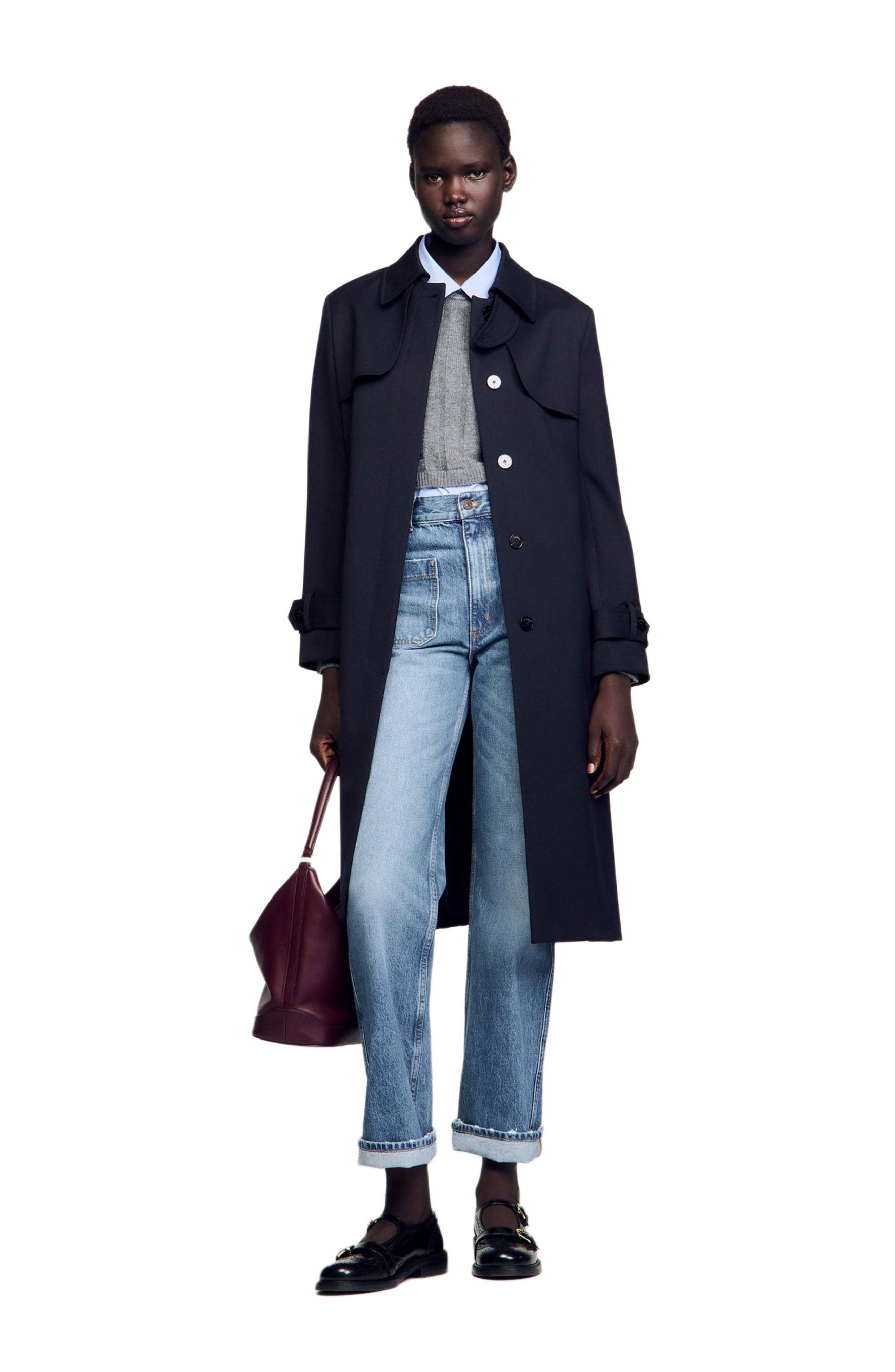 SANDRO Trench coat with pleated inset in Navy Blue at Nordstrom - 6