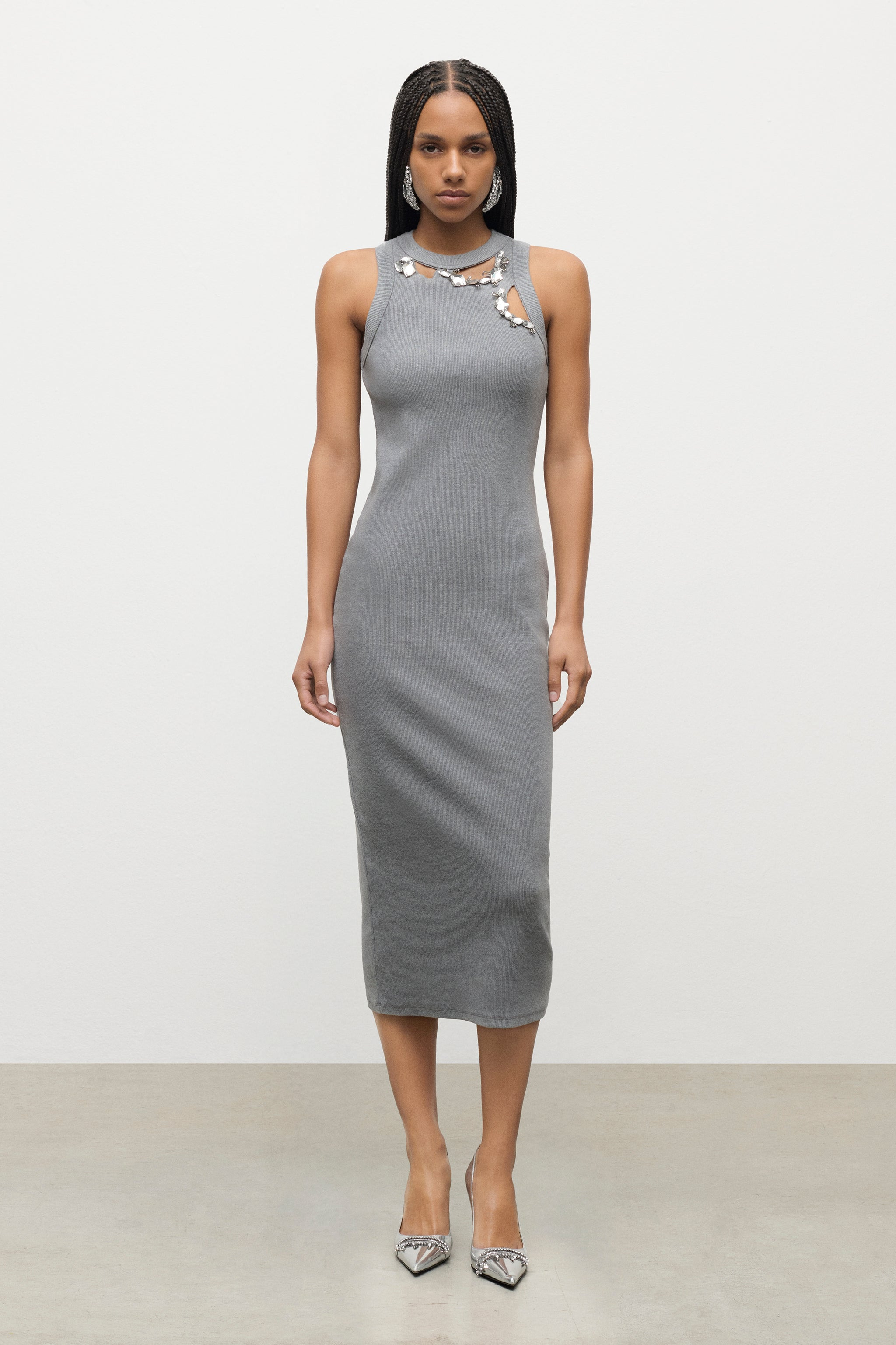 DISTRESSED CRYSTAL RIBBED KNIT MIDI TANK DRESS - 3