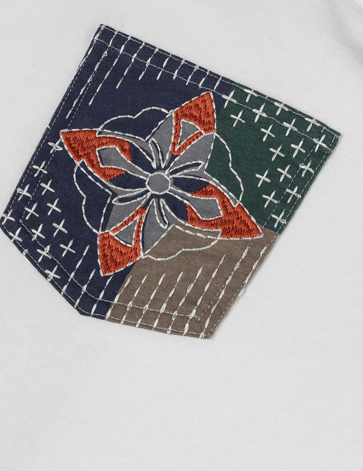 Multi-pocket Color Blocking Sashiko Loose Fit T-shirt - 7