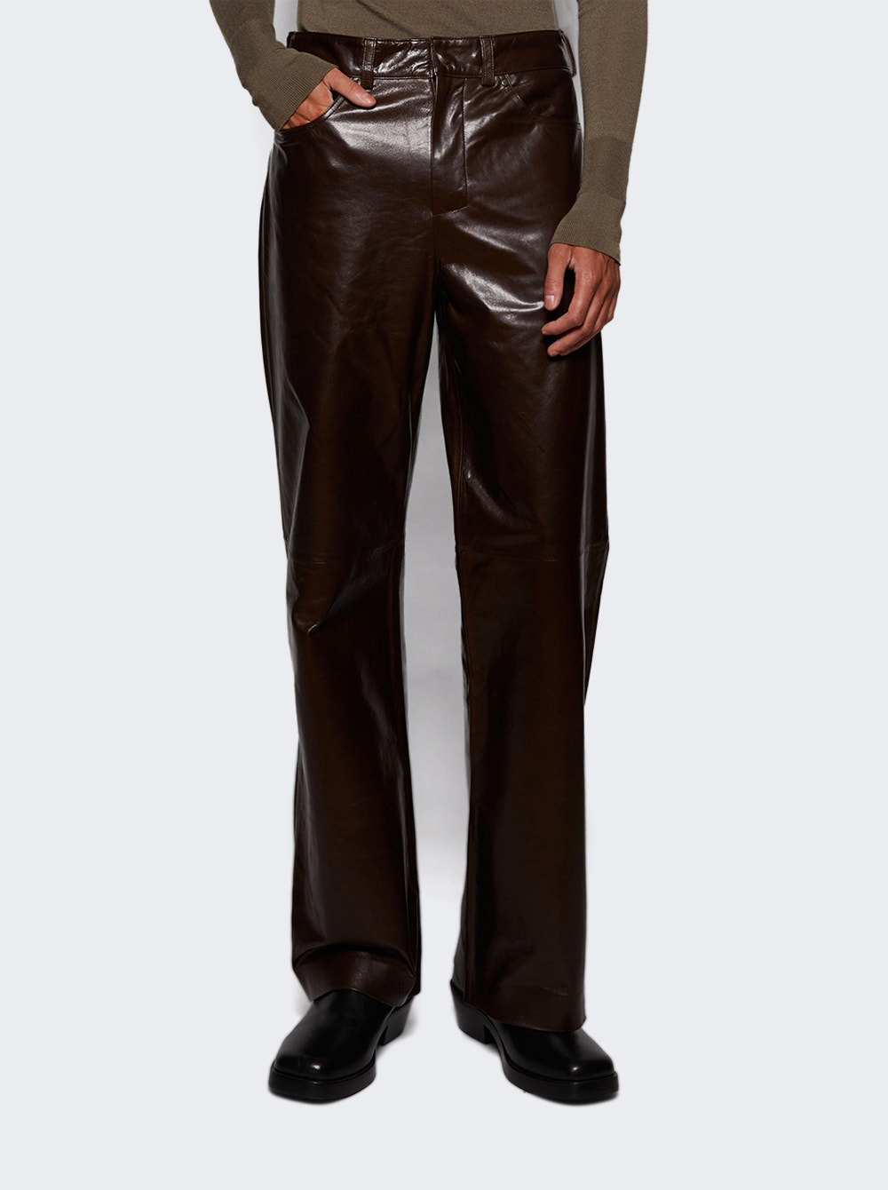 Leather Straight Leg Pant Dark Brown - 2