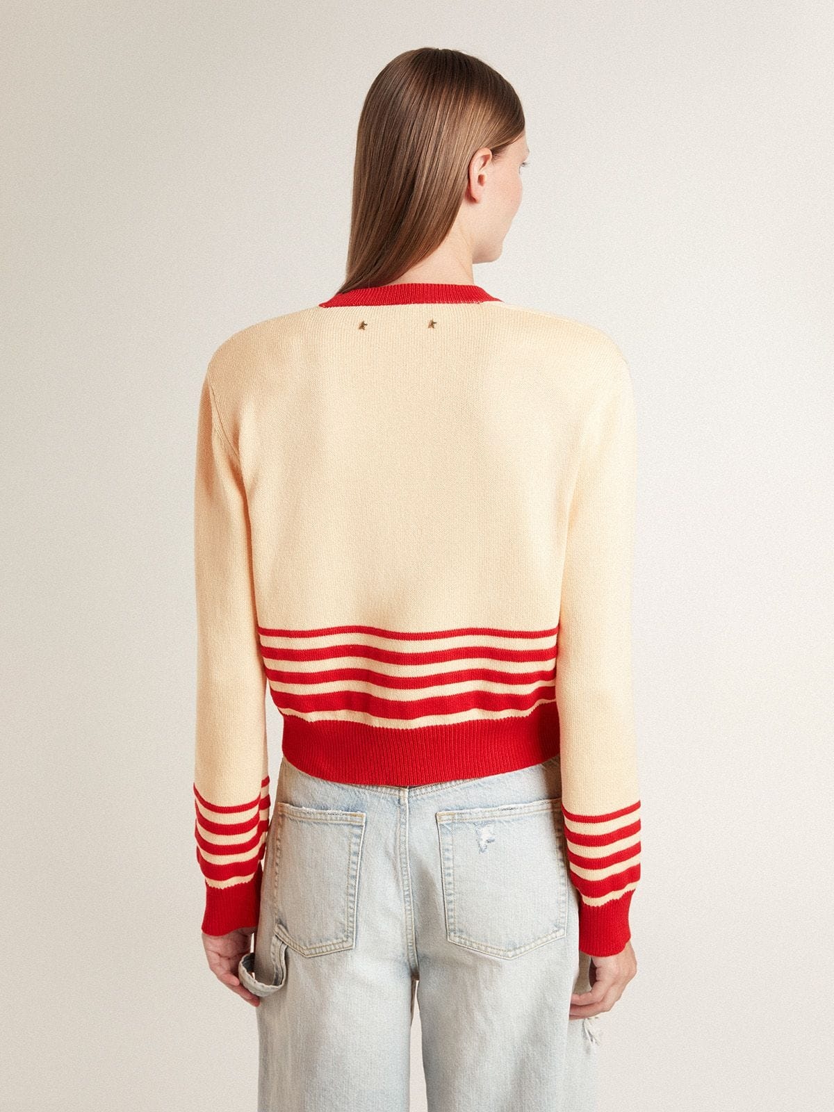 Women's cardigan in cream with red stripes - 4
