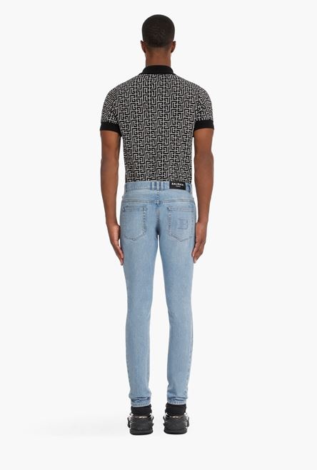 Slim light blue cotton jeans with Balmain monogram - 3