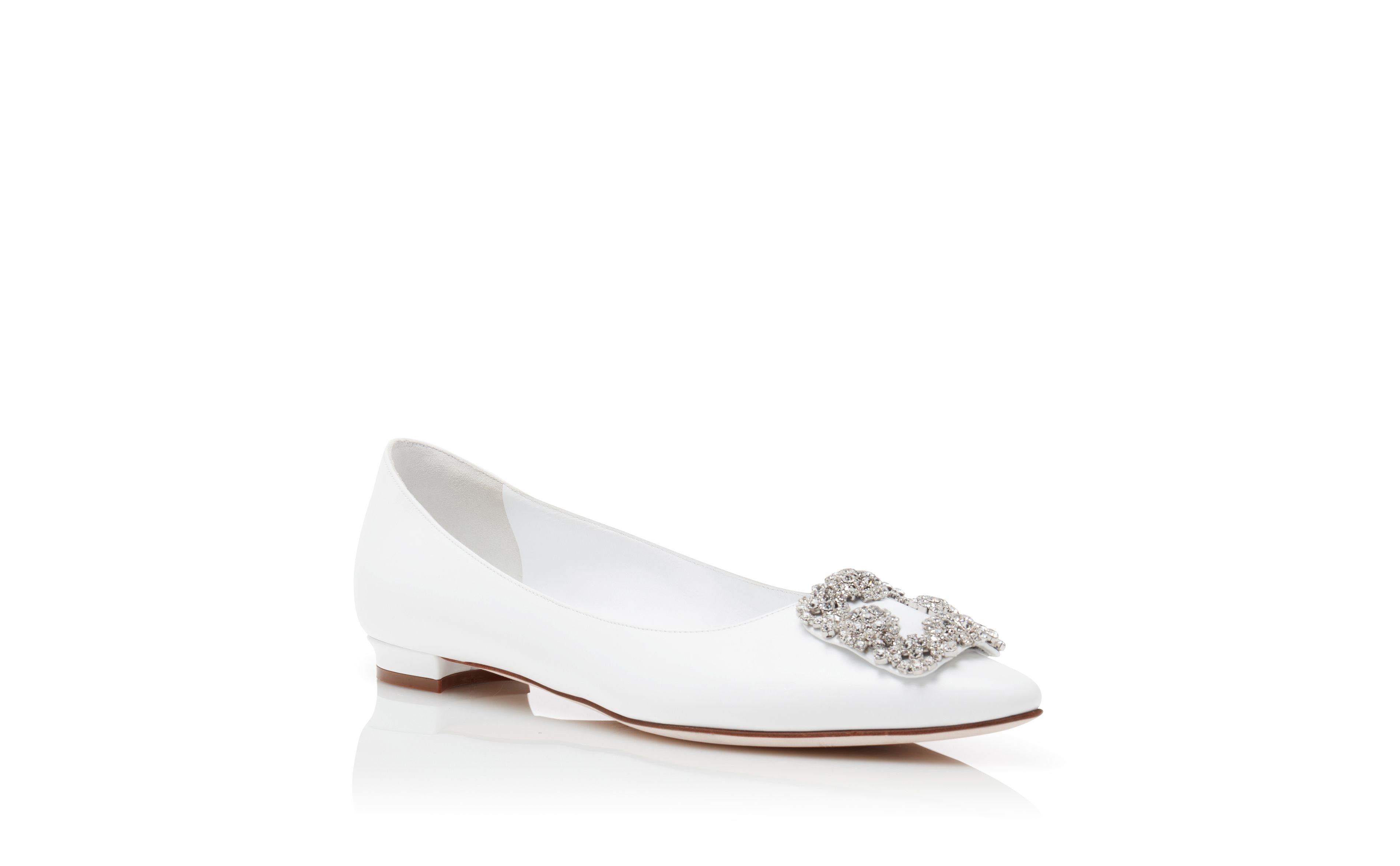 White Calf Leather Jewel Buckle Flat Shoes - 3