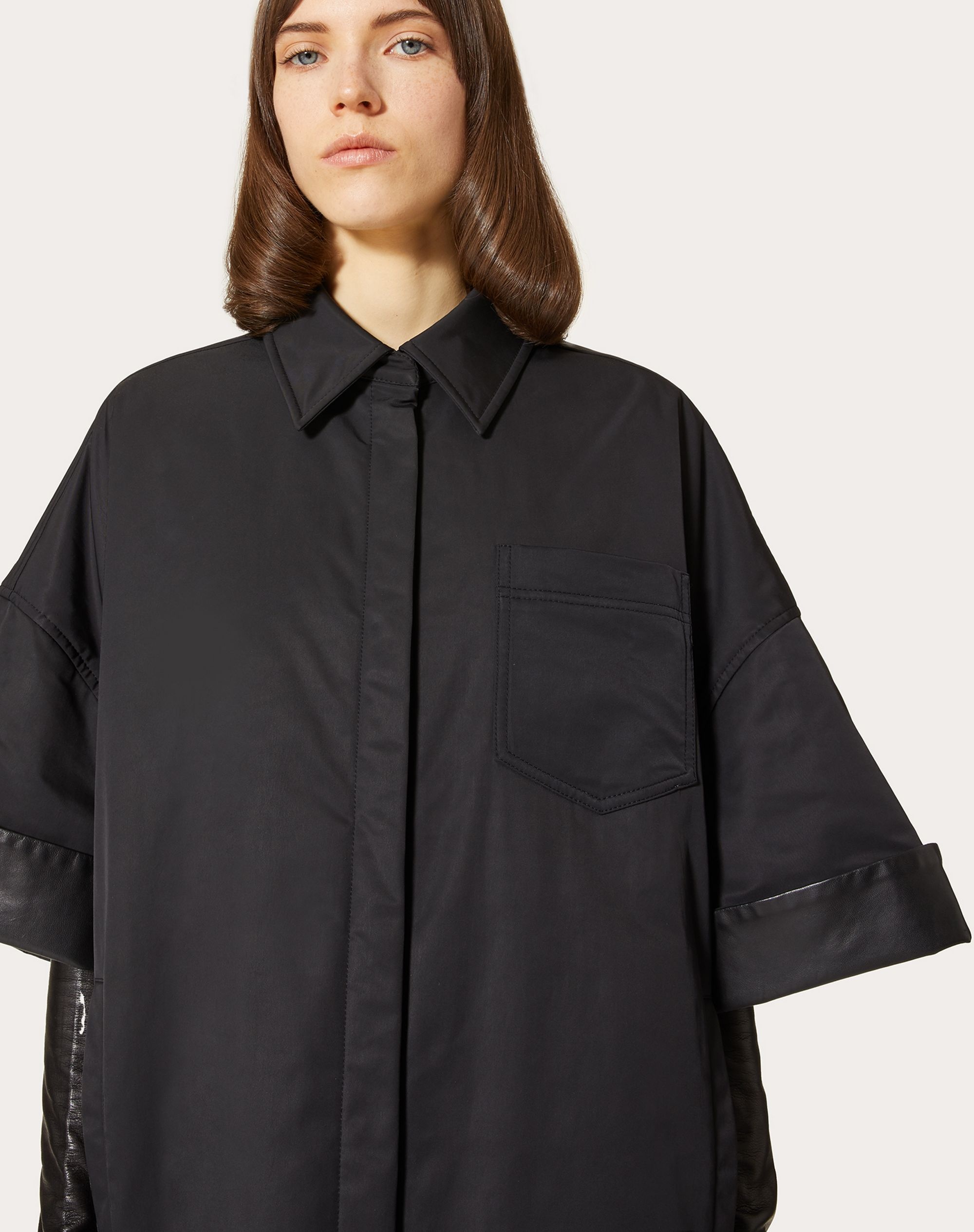 NYLON AND LEATHER PEA COAT - 5