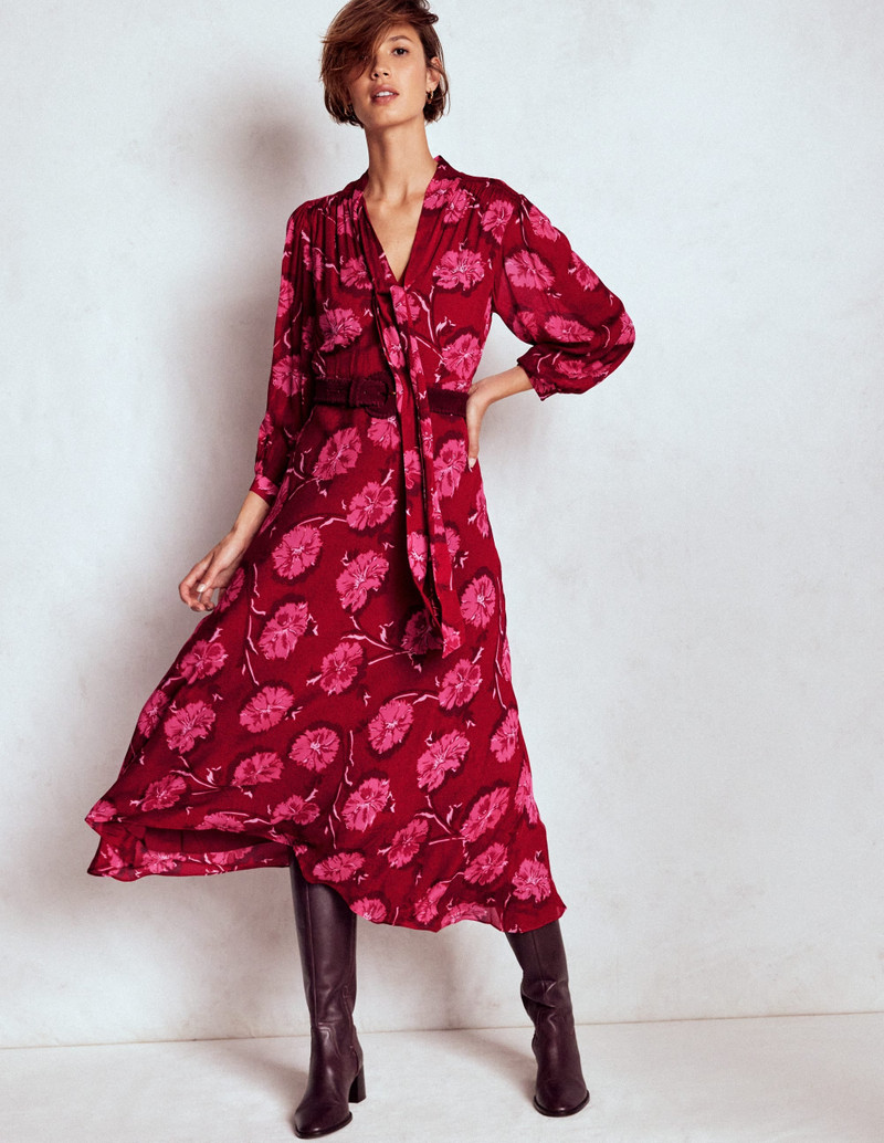 Brooke Tie Neck Tea Dress-Cranberry Red, Delicate Vine 5