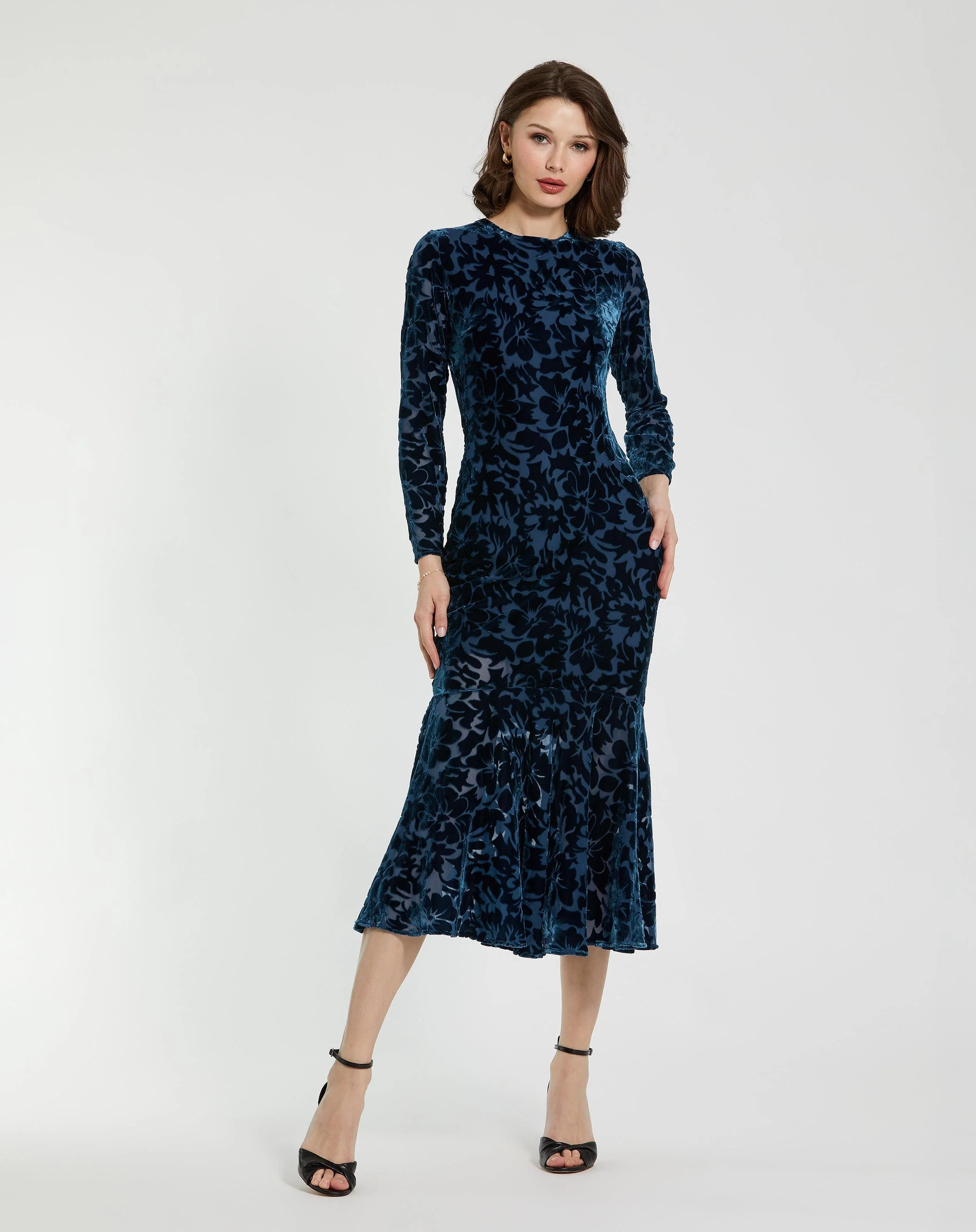 Deep Blue Burnout Velvet Long Sleeve Midi Dress - 1