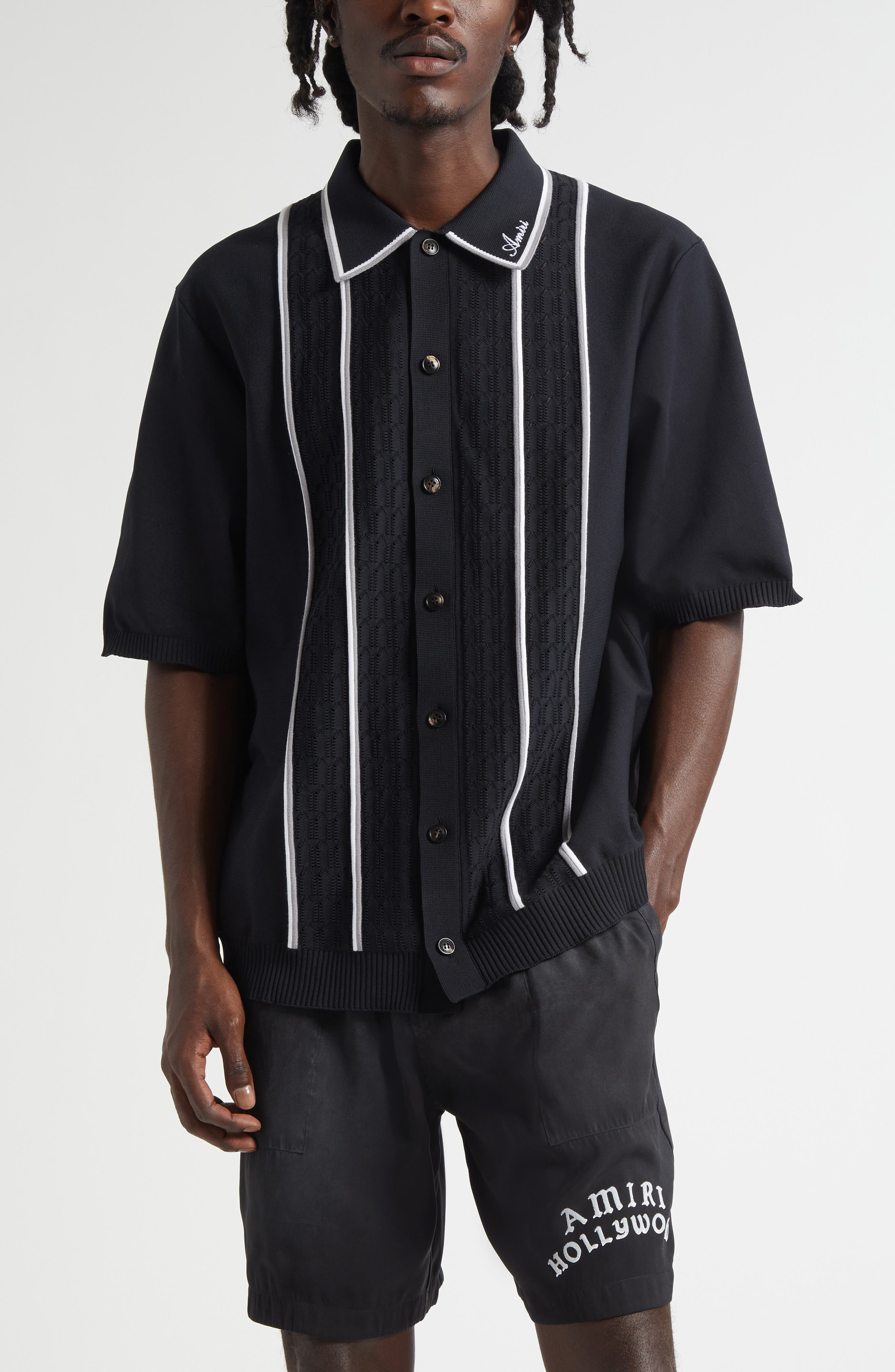 AMIRI Script Knit Button-Up Shirt in Black at Nordstrom - 1