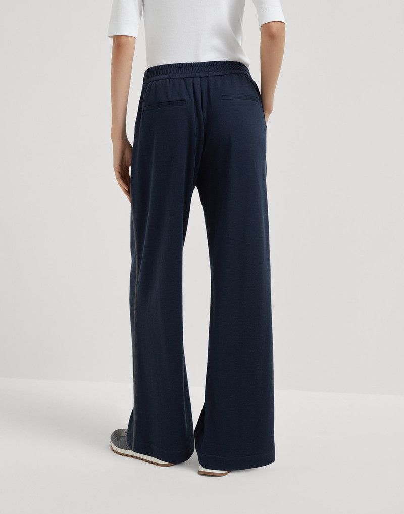 Brunello Cucinelli Comfort cotton and silk interlock wide trousers with precious stripe outlook