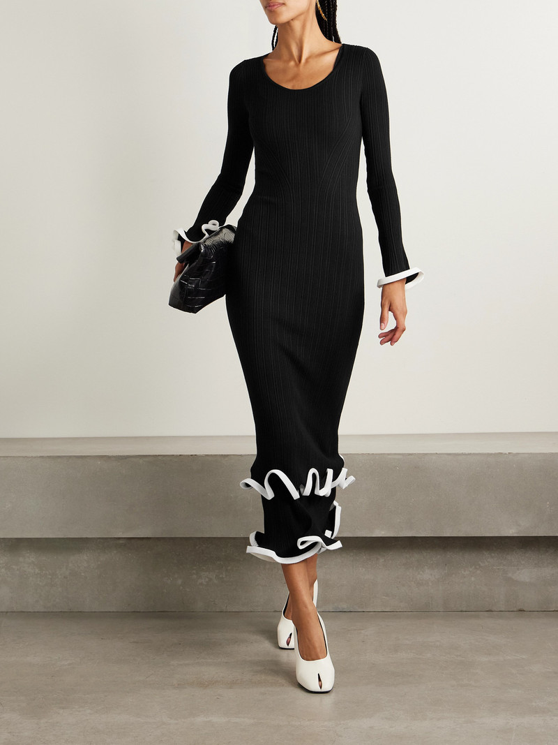 SIMKHAI Sonali Tiered Ruffled Ribbed-knit Midi Dress outlook