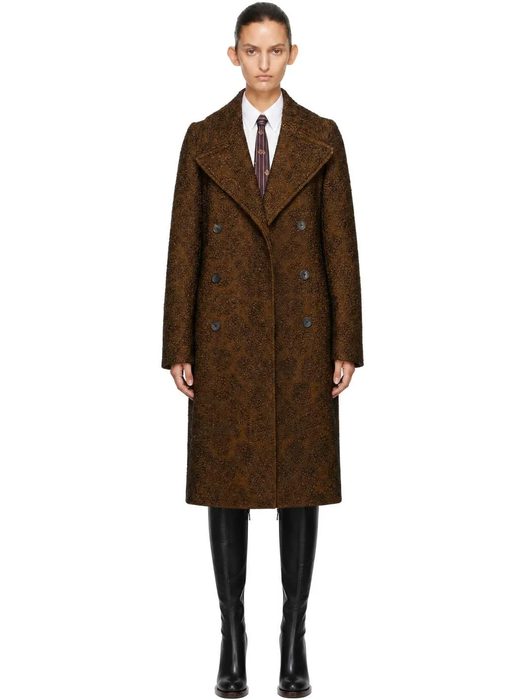 Brown Double-Breasted Jacquard Coat - 1
