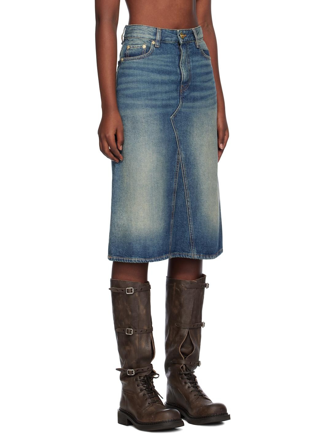 Blue Heavy Washed Denim Midi Skirt - 2