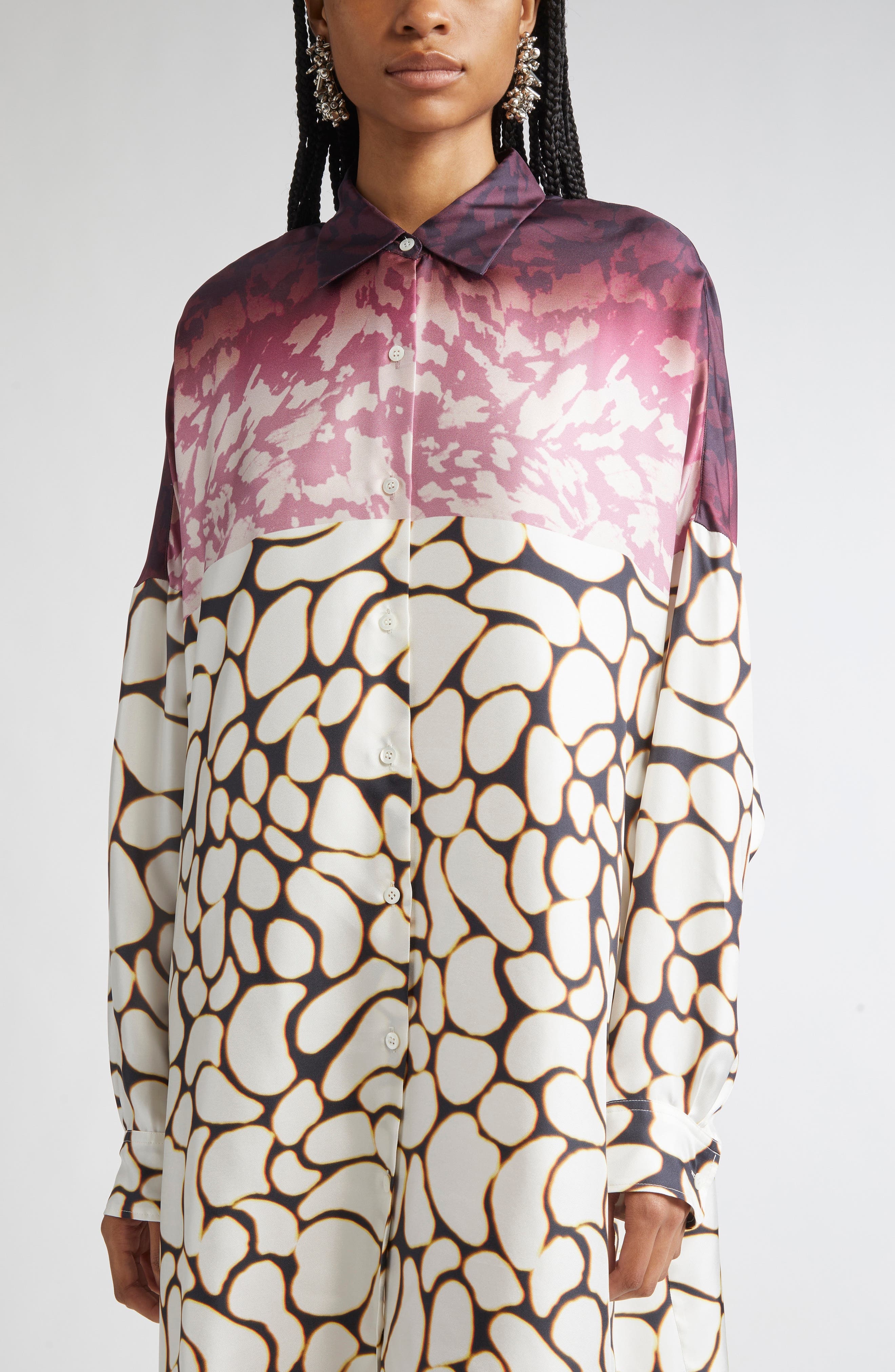 Dries Van Noten Mixed Print Oversize Silk Shirtdress in Off White at Nordstrom - 4