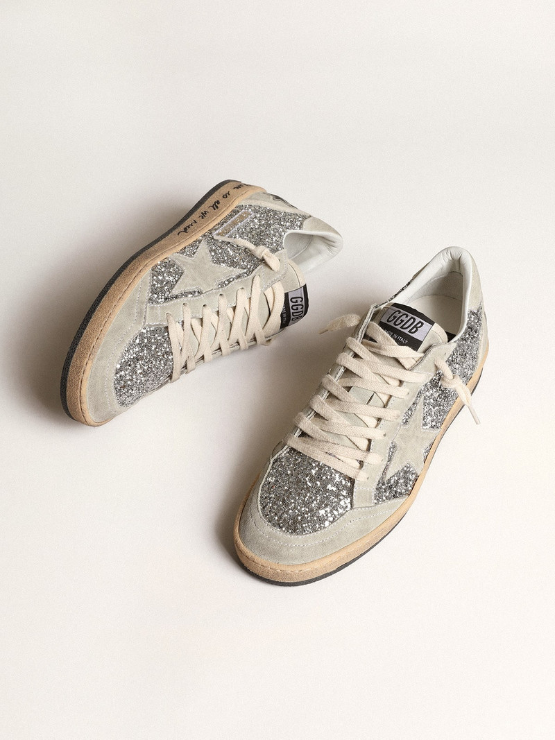 Golden Goose Ball Star in silver glitter with ice-gray suede inserts outlook