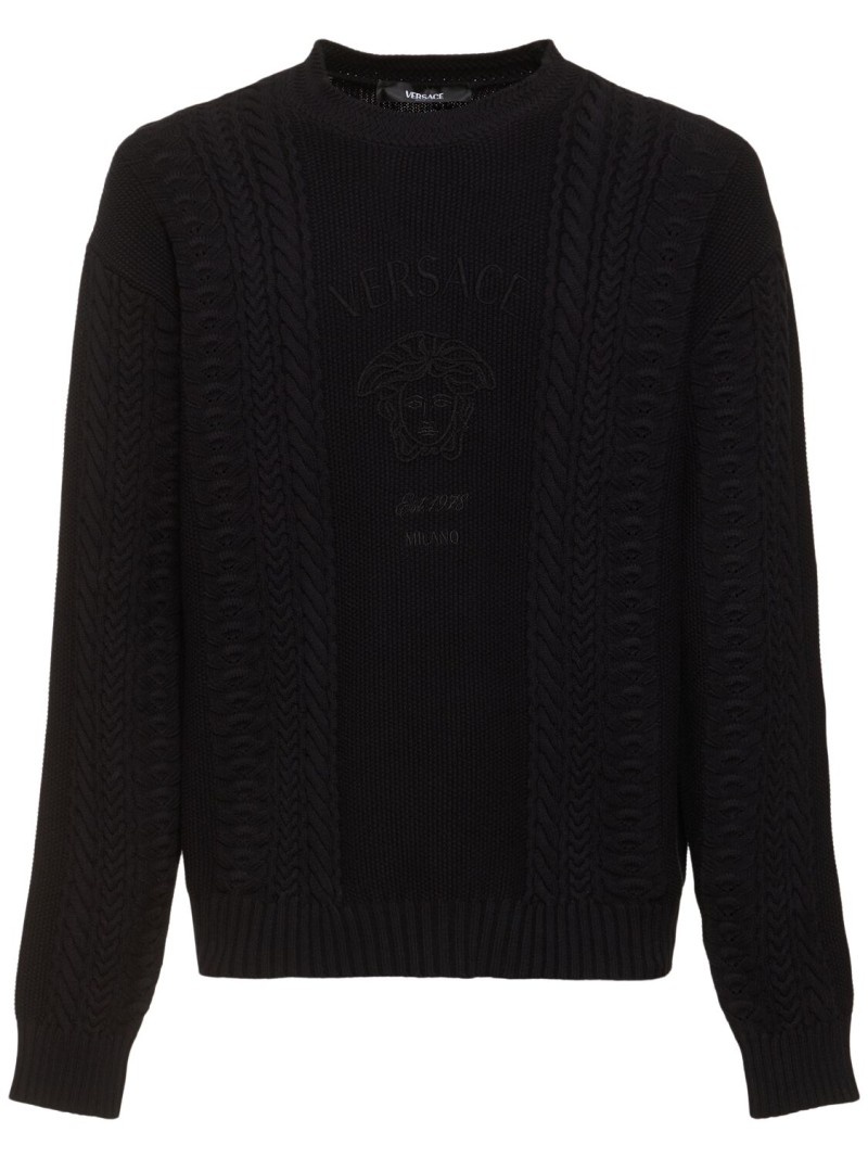 Logo cotton blend cable knit sweater - 1