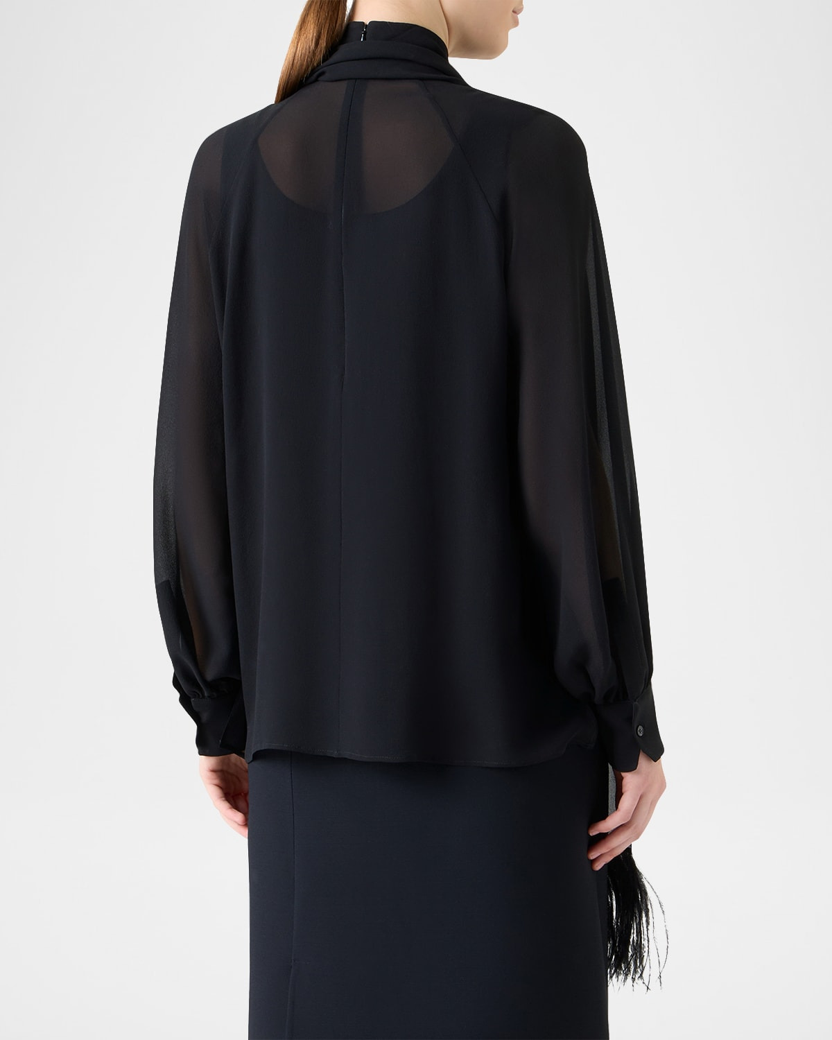 Feather-Trim Scarf Silk Georgette Blouse - 3