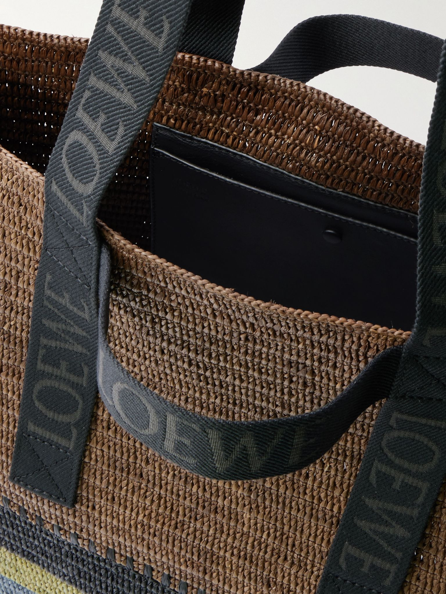 Fold Webbing-Trimmed Striped Raffia Tote Bag Brown - 5