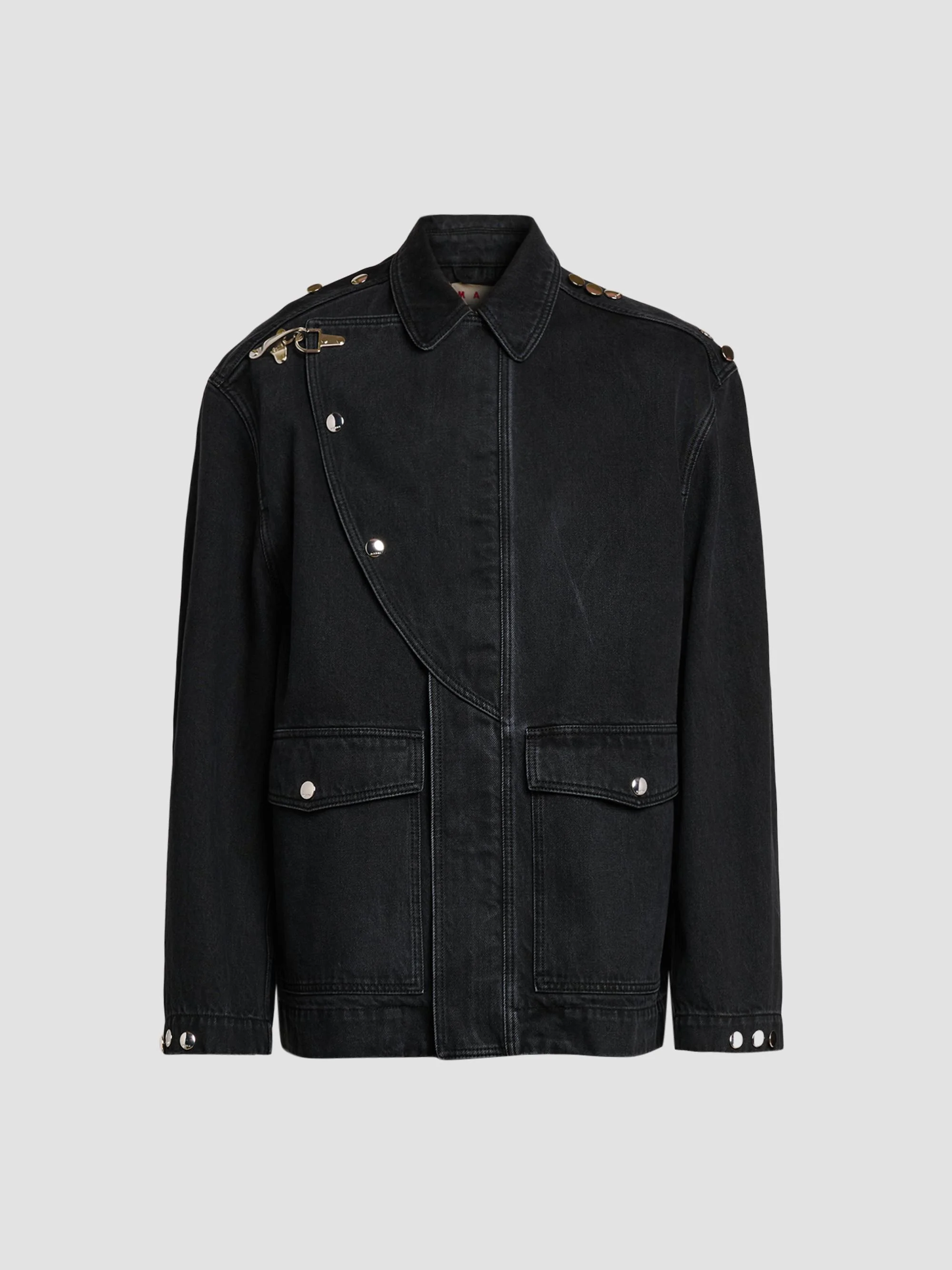 Men's Studded Cotton Denim Jacket - Black - 1
