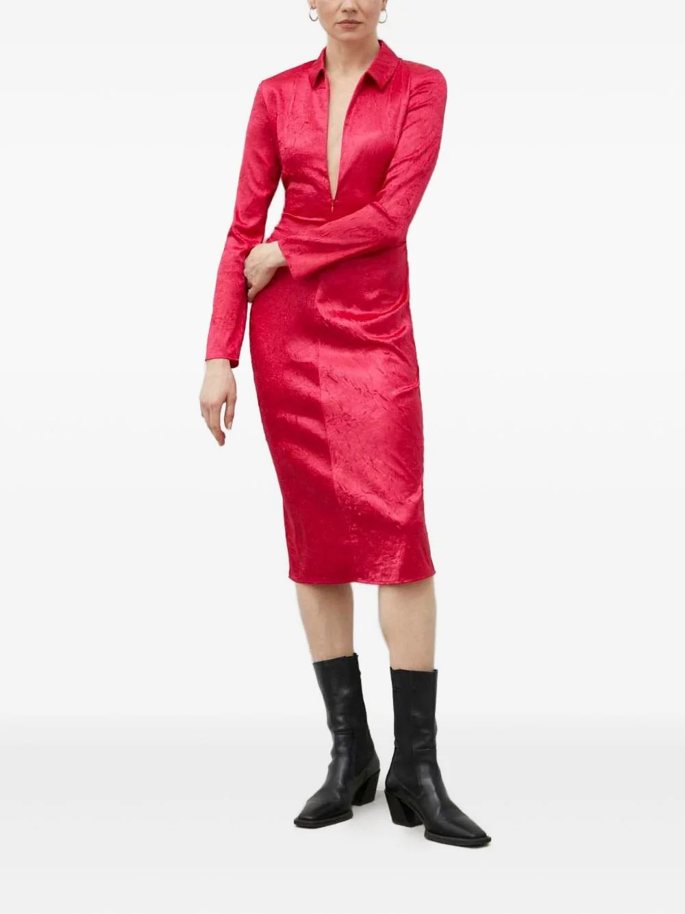 long-sleeve collared midi dress - 1