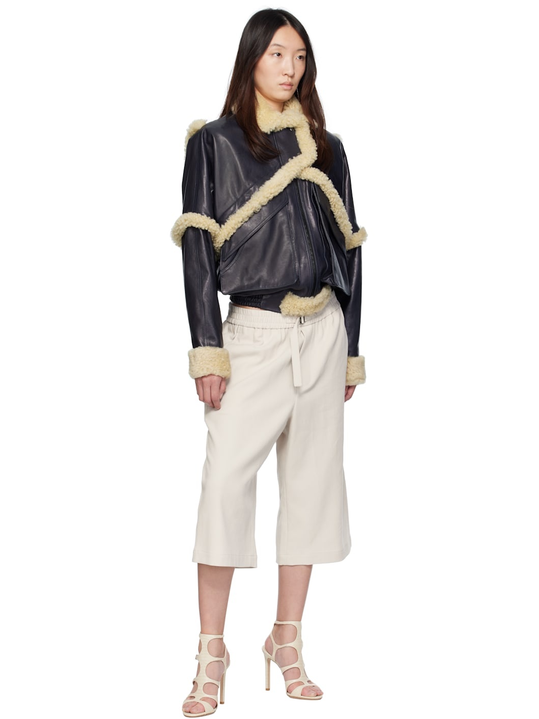 Navy Shearling Leather Bomber Jacket - 4