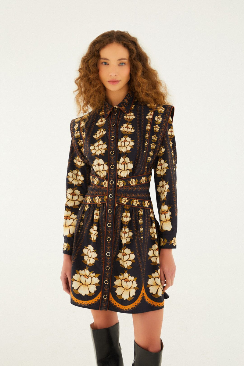 Black Embroidered Flowers Long Sleeve Organic Cotton Mini Dress 1