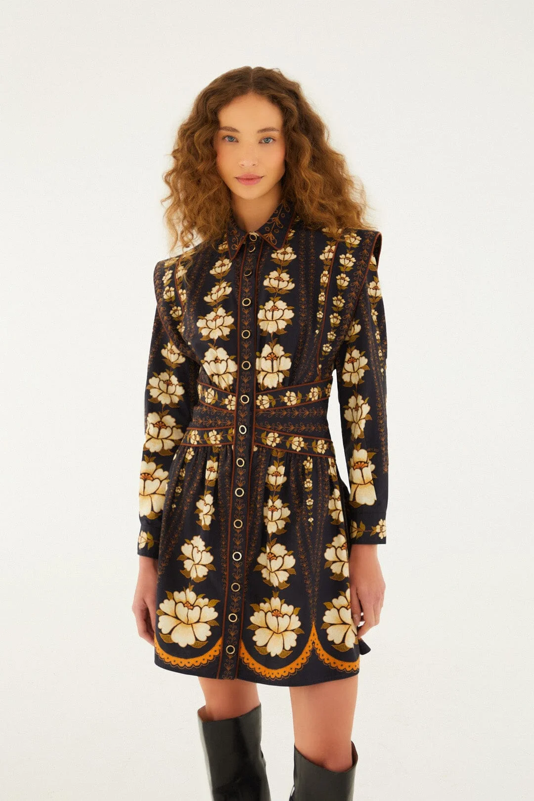 Black Embroidered Flowers Long Sleeve Organic Cotton Mini Dress - 1