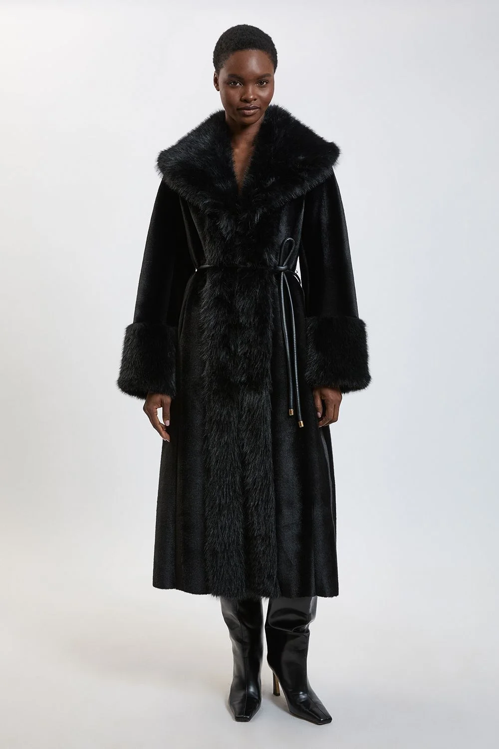 Petite Faux Fur Reservable Cuff and Collar Midi Coat - 1