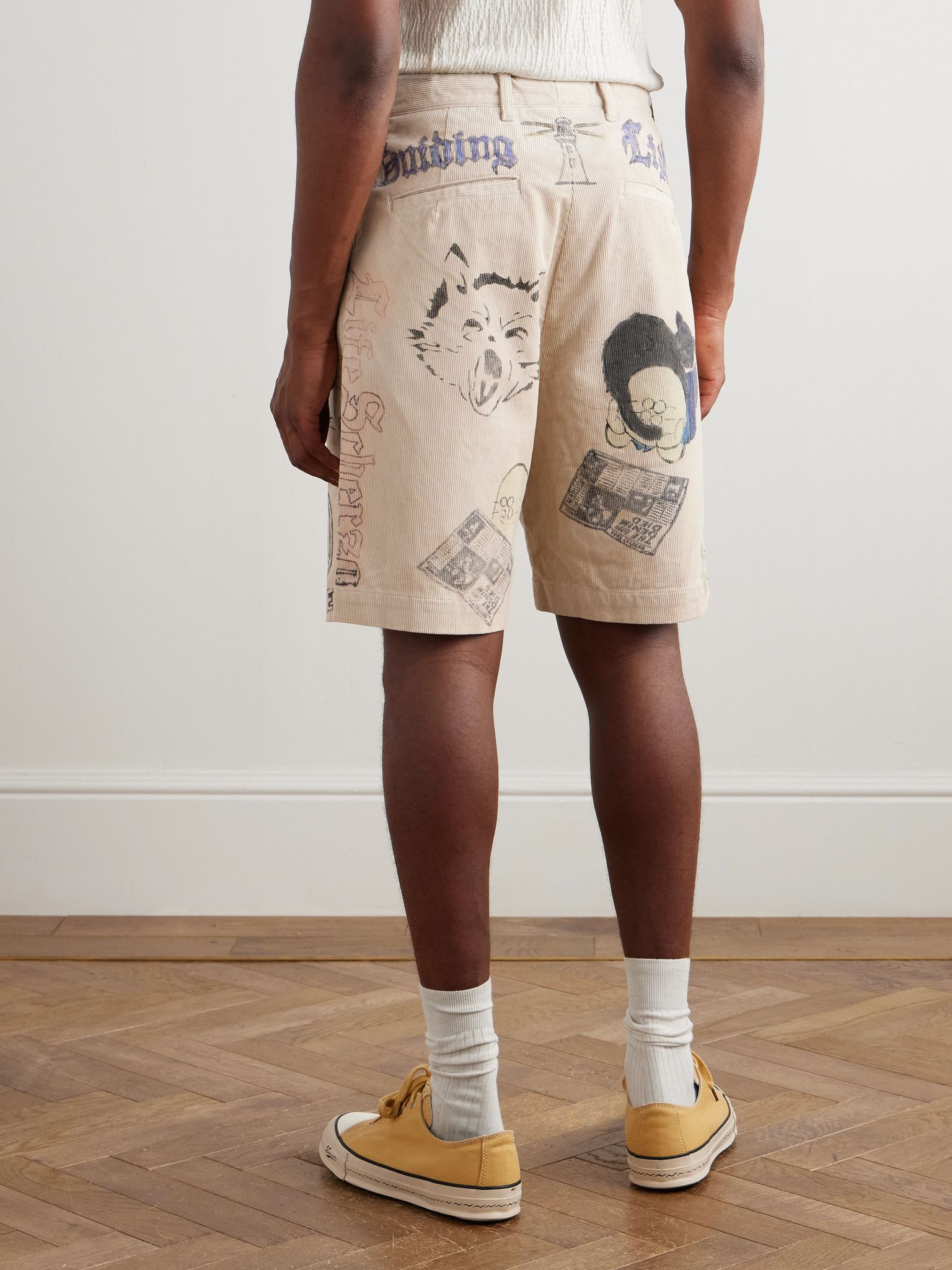 Memorial Paint Straight-Leg Printed Cotton-Corduroy Shorts Beige - 4