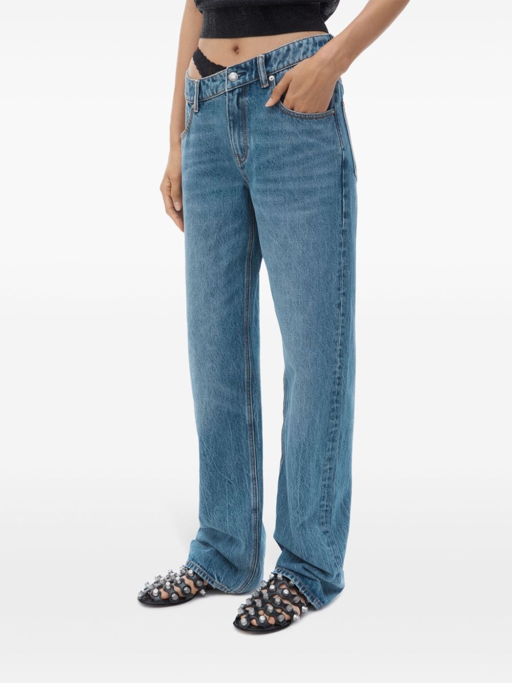 asymmetrical waistband lace jeans - 3