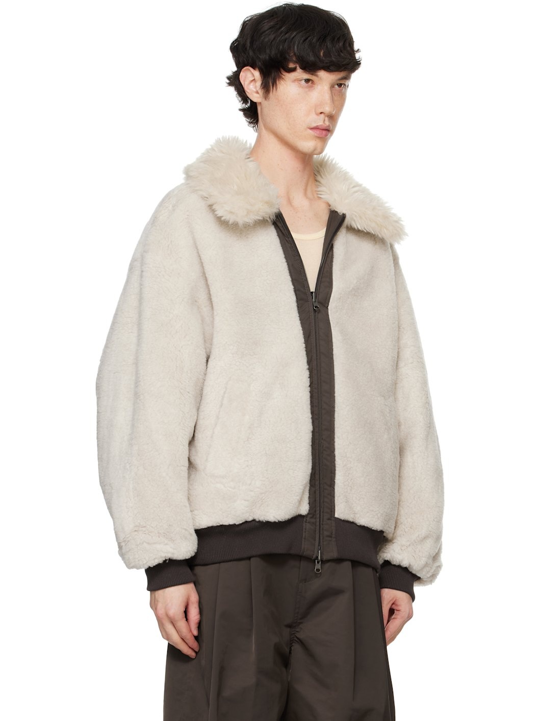 AMOMENTO Brown Oversized Shearing Reversible Bomber Jacket