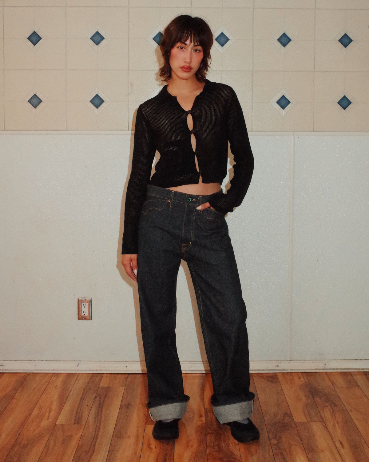 Mesh Knit Spiral Cardigan - Black - 2