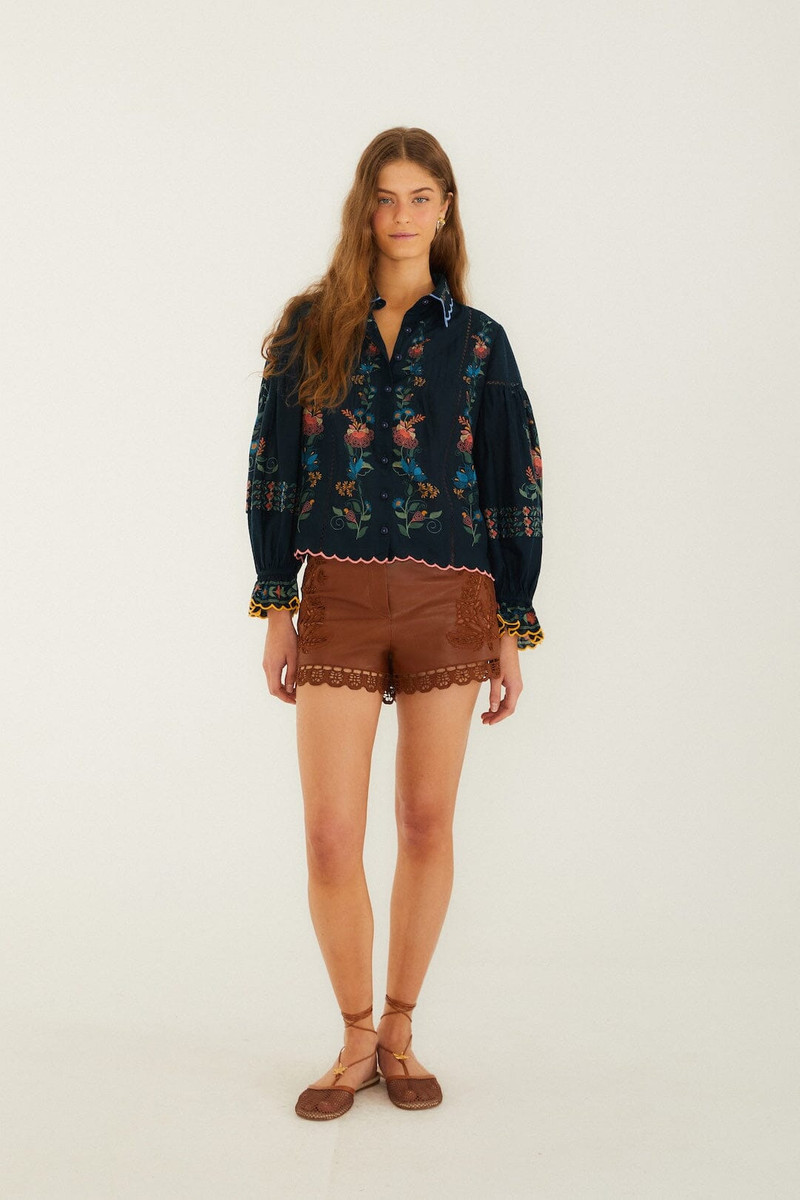 Navy Blue Stitched Garden Wavy Hem Blouse 4