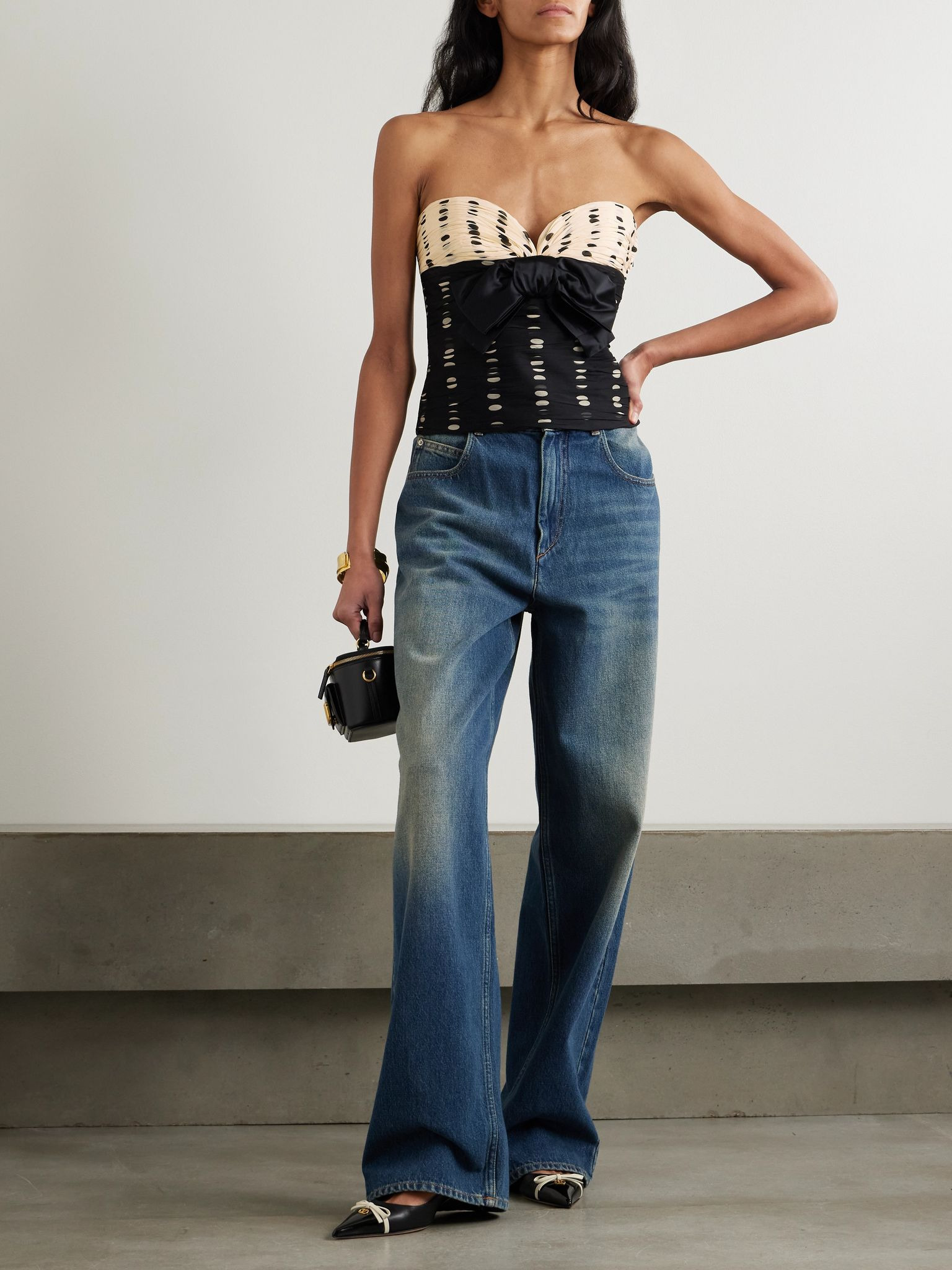 Satin bow-detailed ruched silk-chiffon strapless top Black - 2
