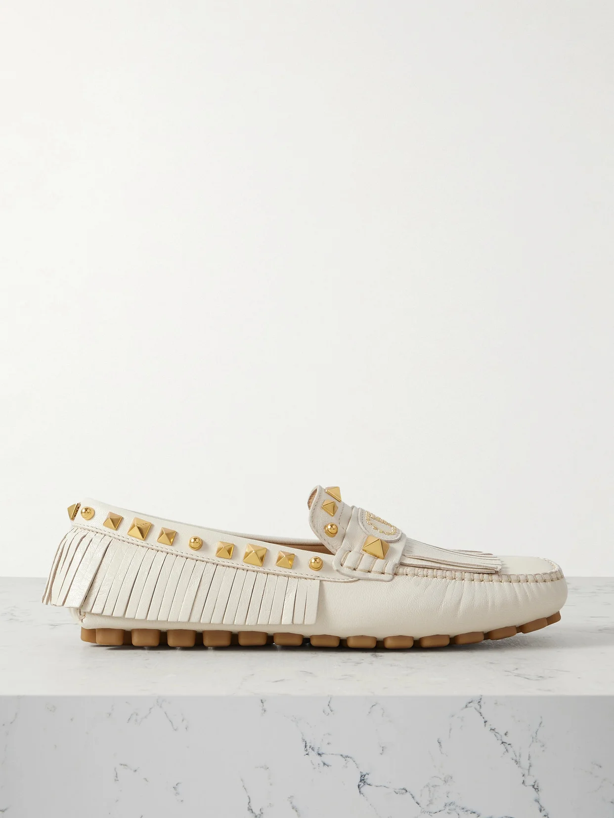 Plaster Caster Driver Fringed Studded Textured-leather Loafers - 1