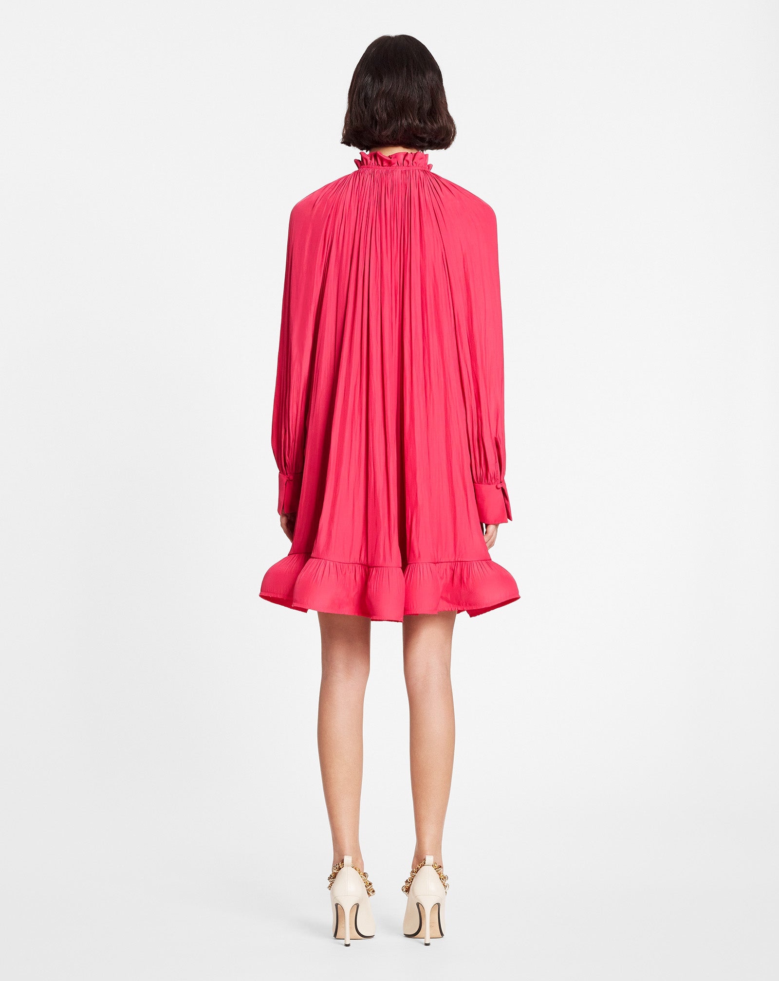 SHORT CHARMEUSE DRESS WITH LONG SLEEVES AND RUFFLES - 4
