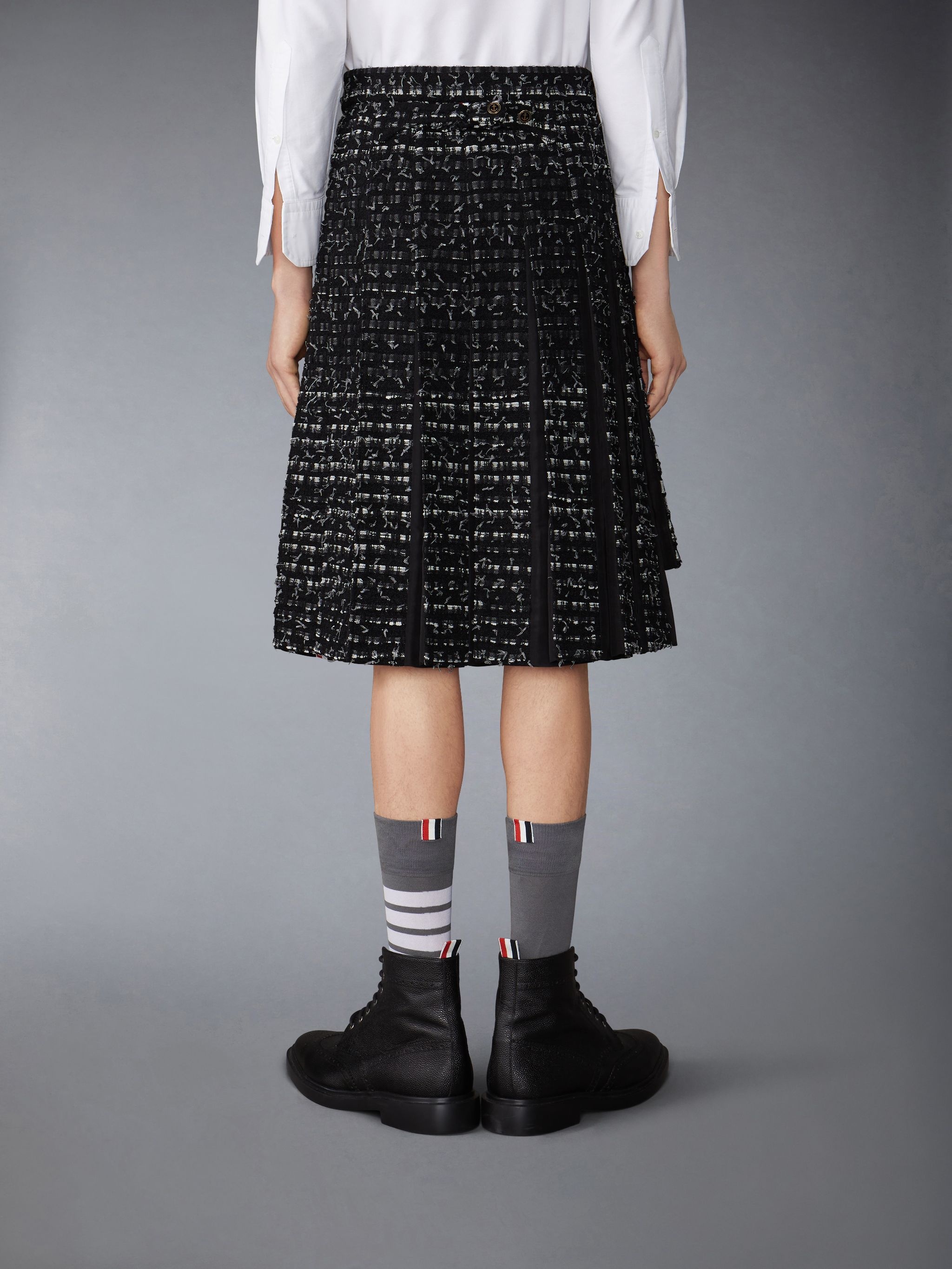 Denim Ribbon Tweed Classic Rise Midi Pleated Skirt - 3