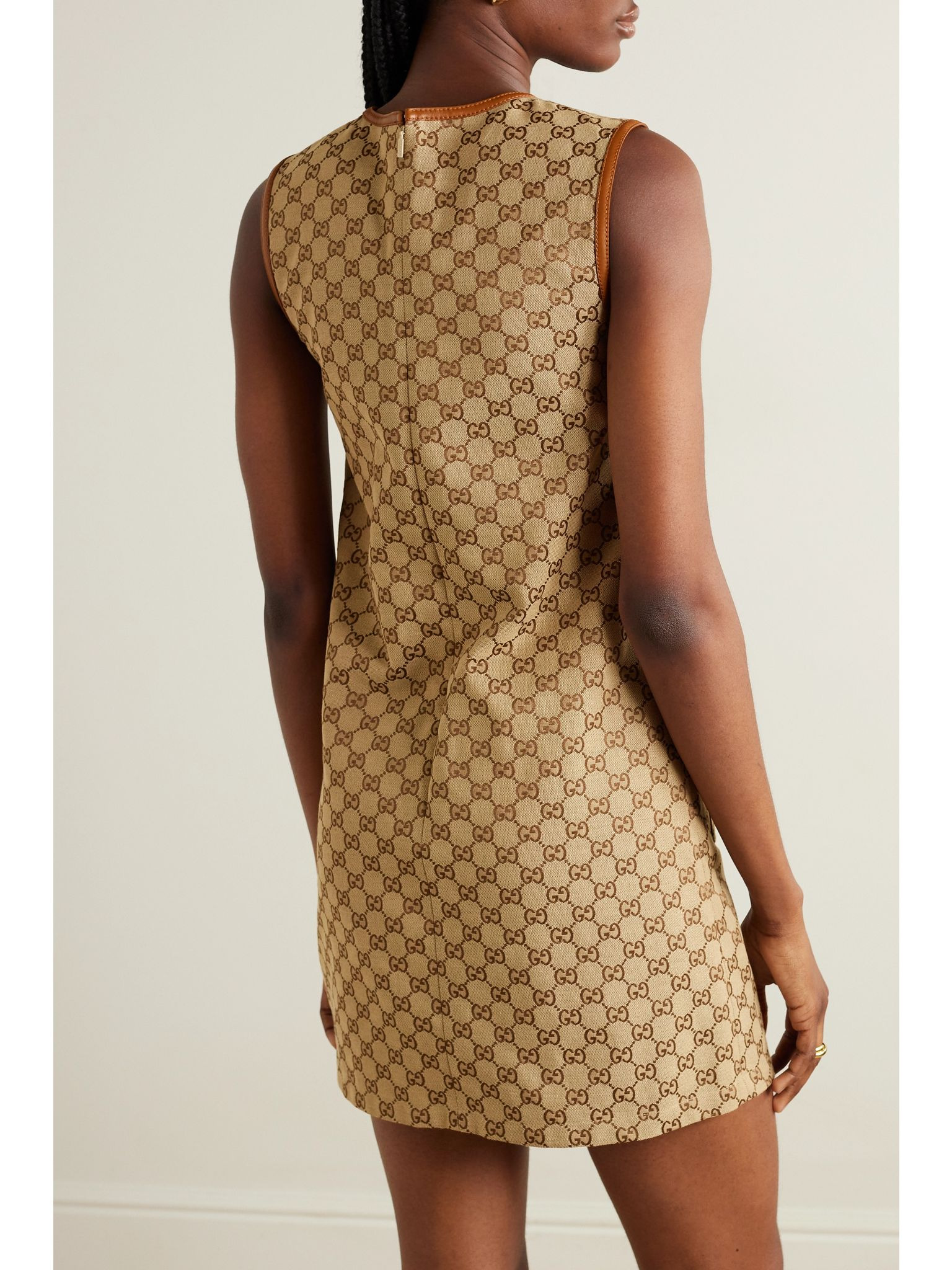 Leather-trimmed cotton-blend canvas-jacquard mini dress Brown - 3