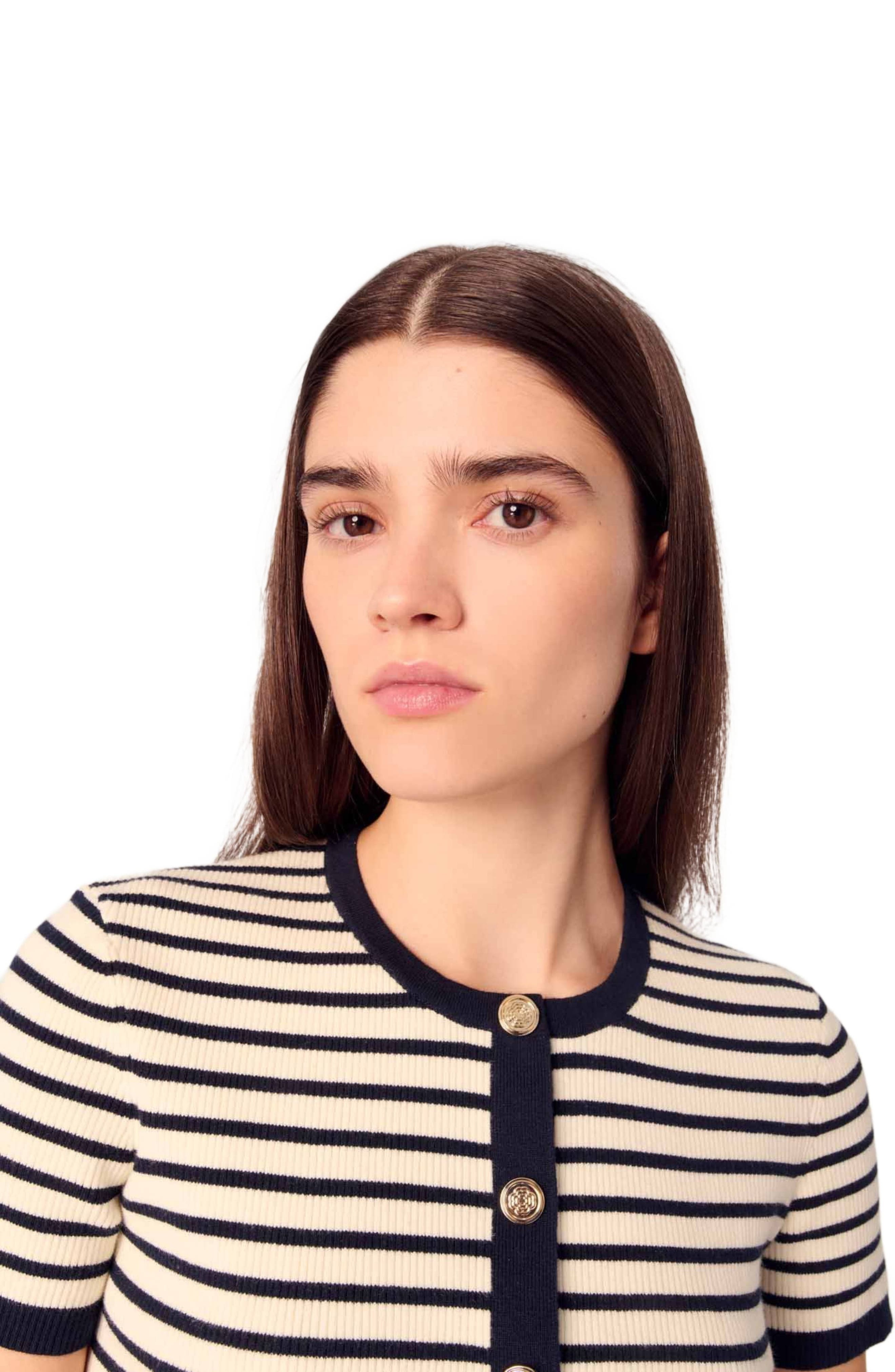 maje Cropped rib knit cardigan in Ecru/navy Blue at Nordstrom - 5