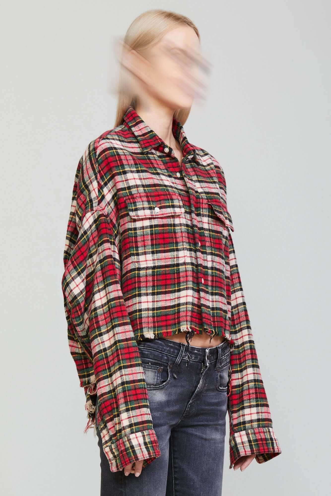 CONVERTIBLE CROPPED WORKSHIRT - RED/GREEN PLAID - 3