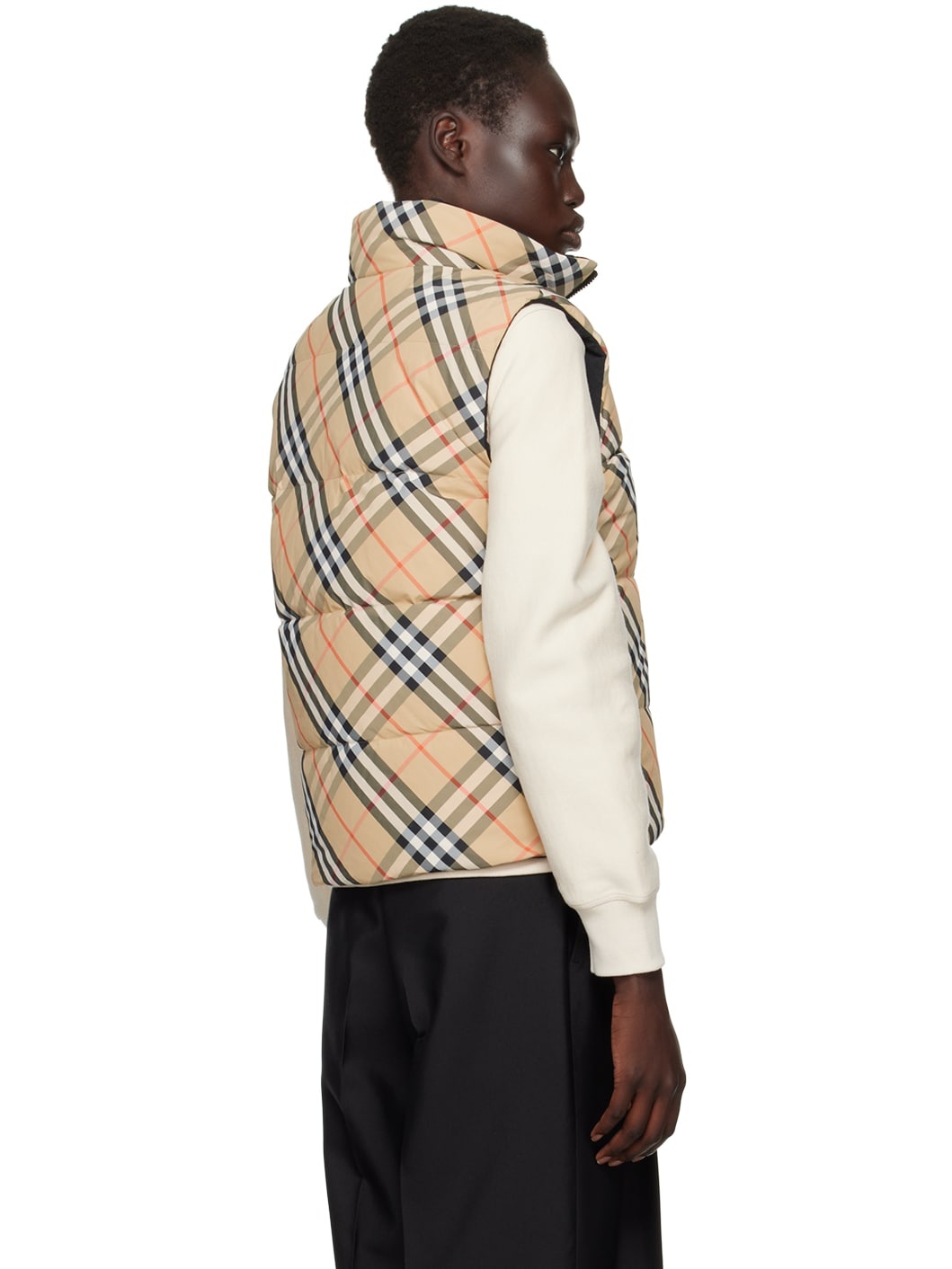Beige Reversible Check Nylon Down Vest - 3