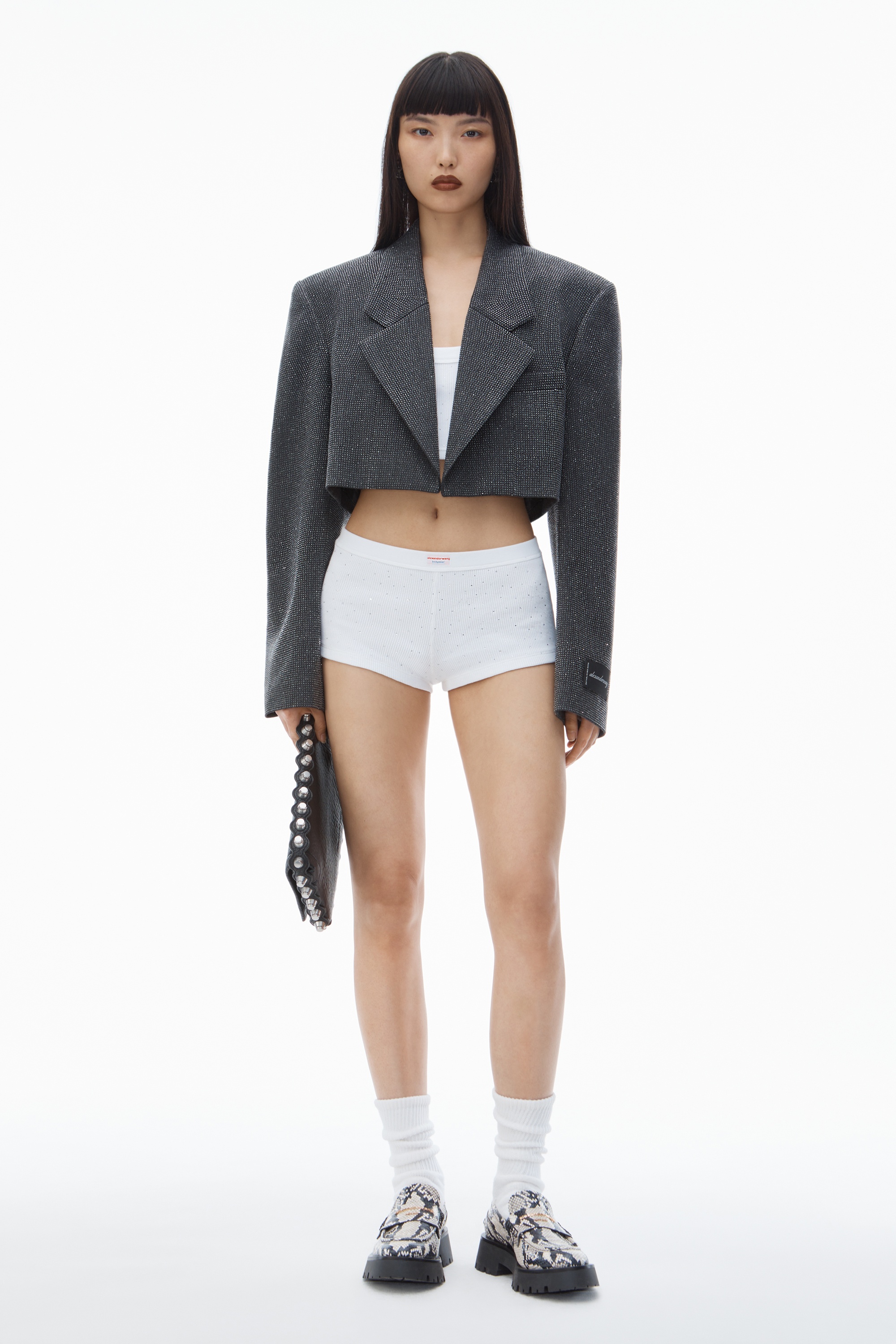 Cropped Blazer in Wool Twill with Clear Bead Hotfix - 2