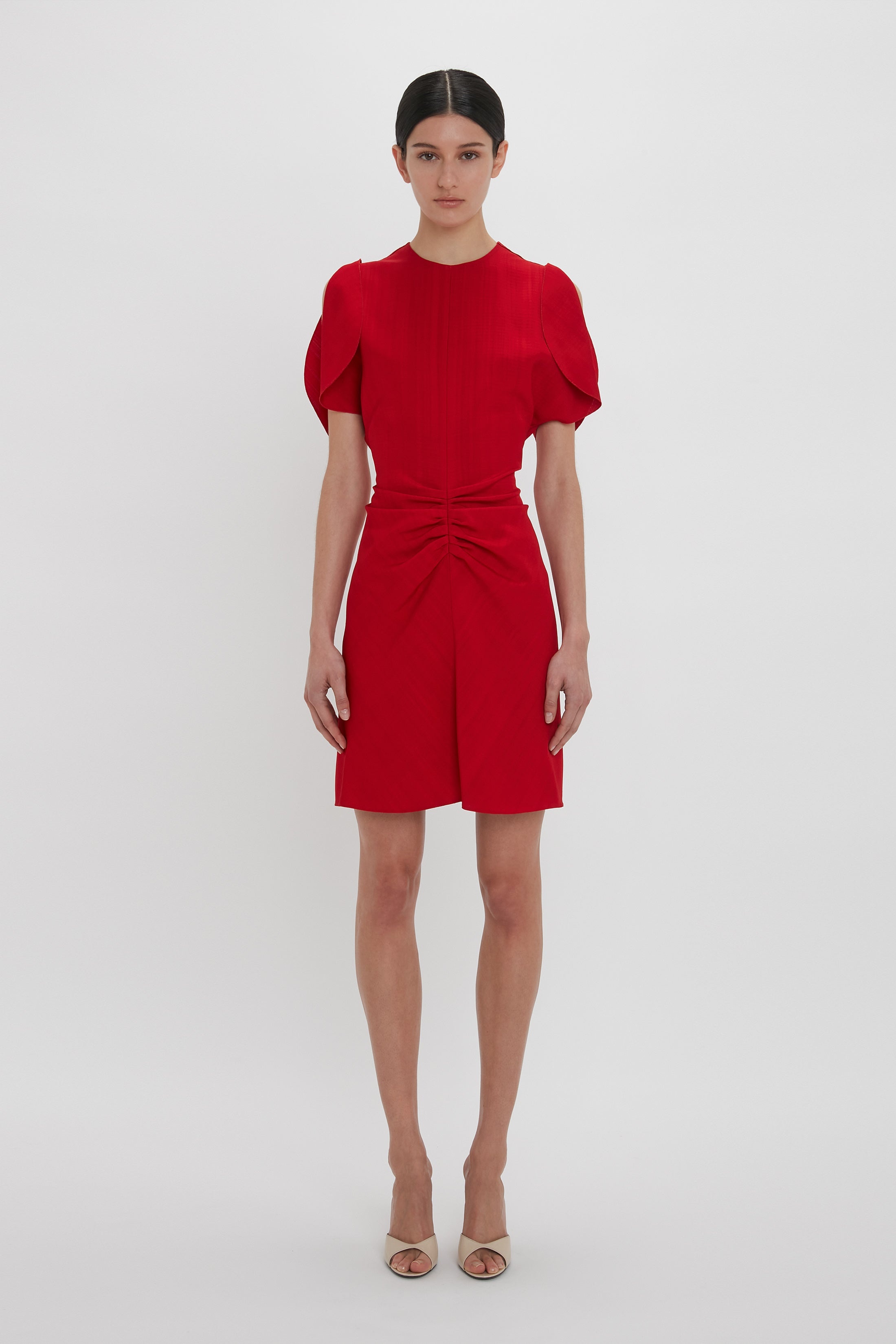 Exclusive Gathered Waist Mini Dress In Carmine - 2