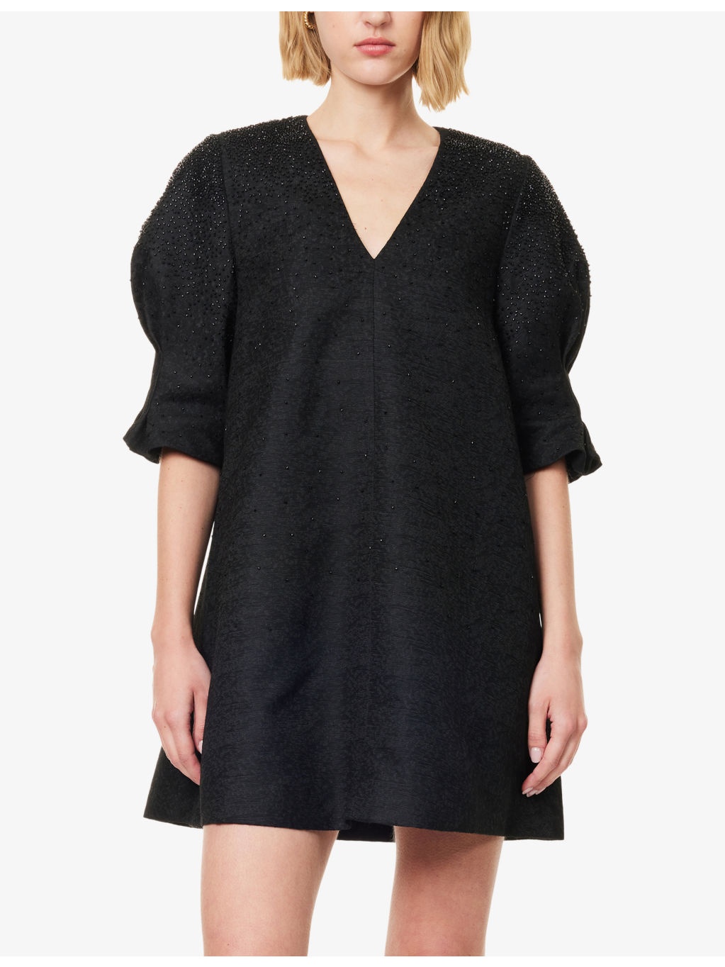 Bead-Embellished Puff-Sleeve Woven Mini Dress - 3