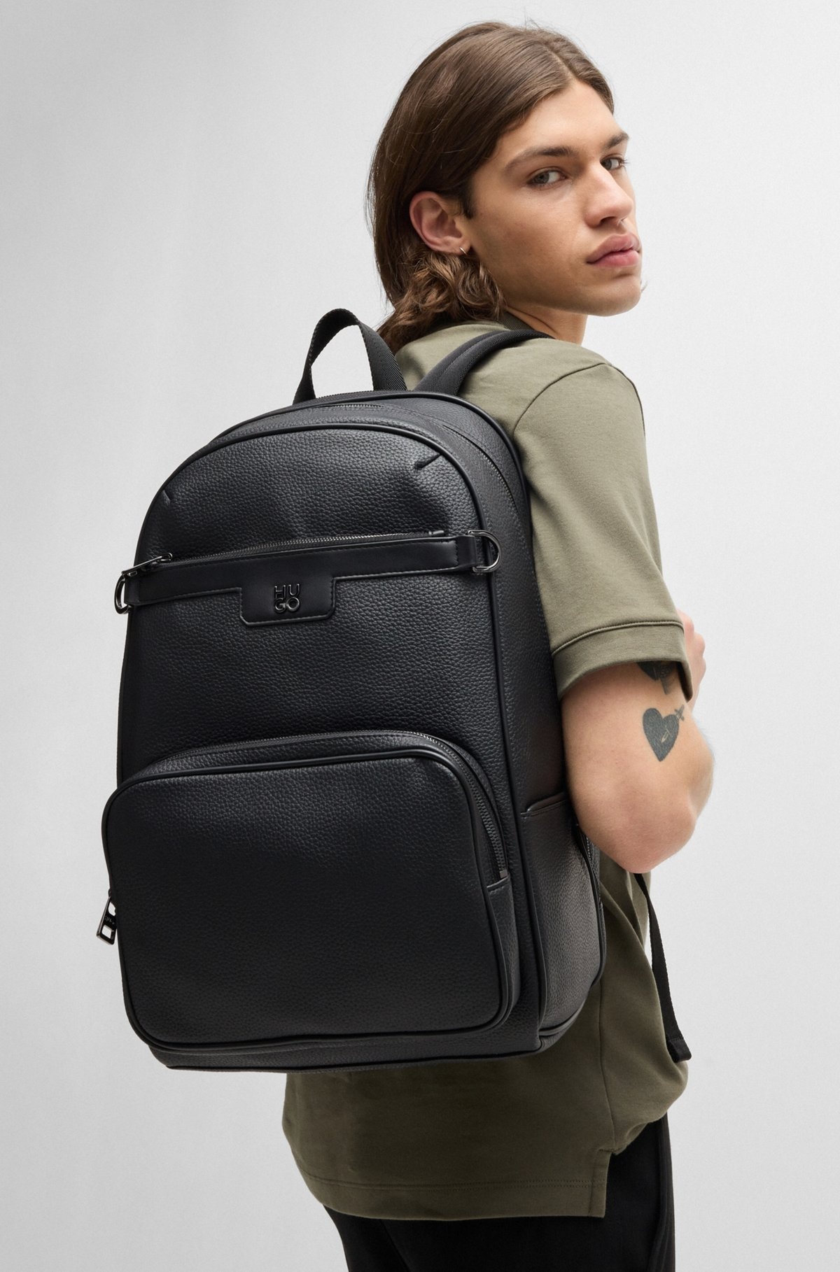 GRAINED FAUX-LEATHER BACKPACK WITH STACKED LOGO TRIM - 4