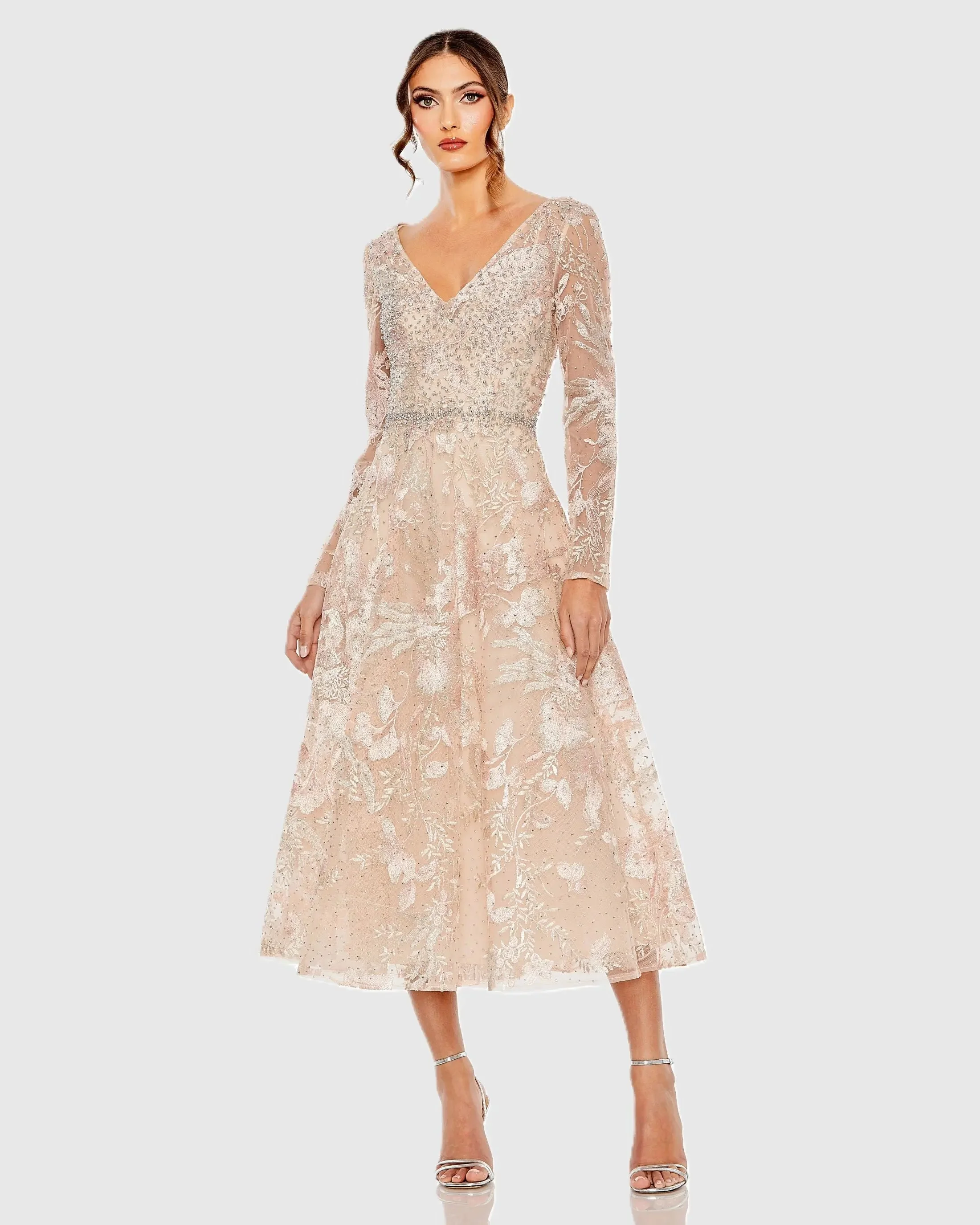 Blush Embroidered Long Sleeve Midi Dress - 1