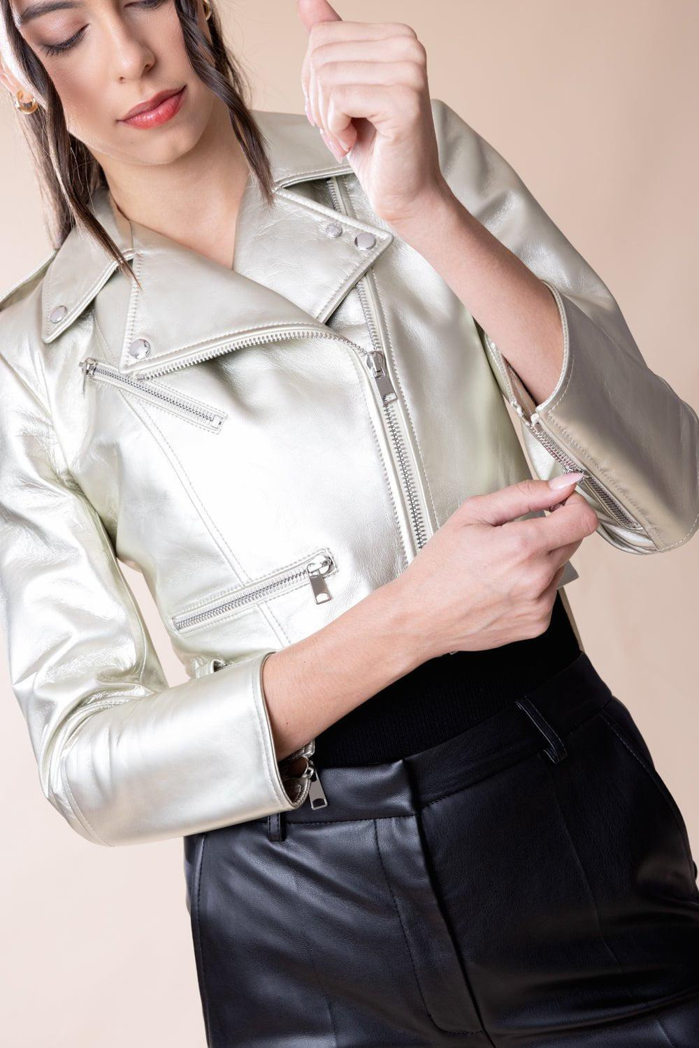 Cropped Biker Jacket - Champagne - 6