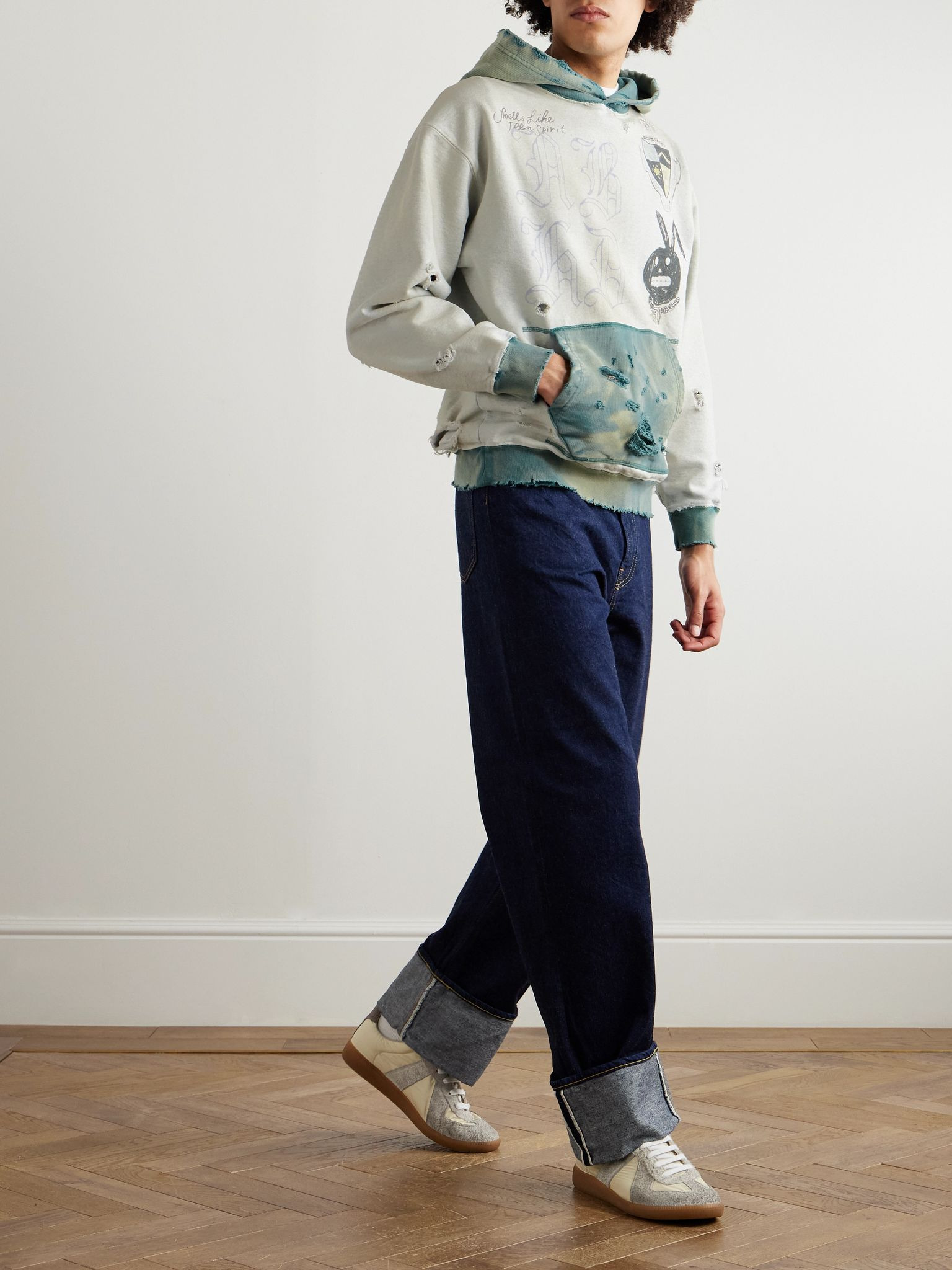 Savage Printed Distressed Cotton-Jersey Hoodie Blue - 2