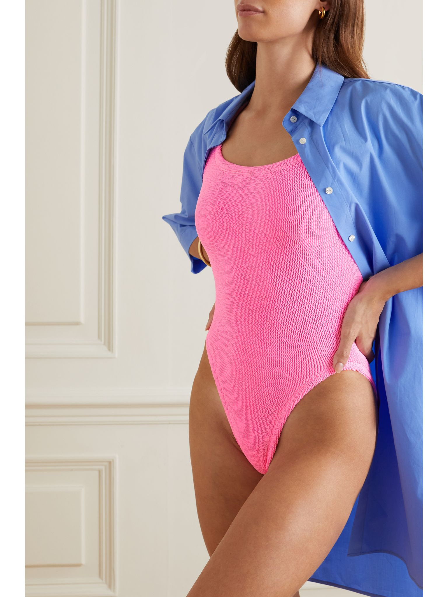+ NET SUSTAIN open-back seersucker swimsuit Pink - 2