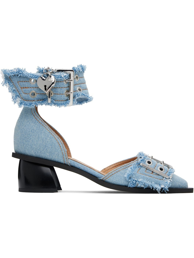 Blue Denim Feminine Buckle Open Cut Heels 1