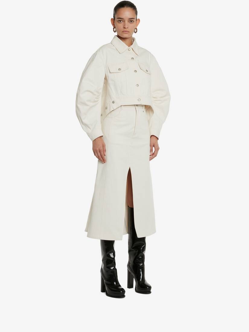 Women's Slashed Denim Skirt in Ivory - 3