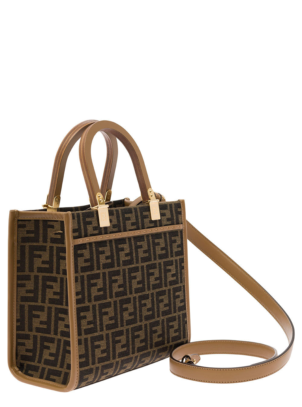 Fendi Women 'Sunshine Small' Brown Tote Bag With Logo In Ff Jacquard Canvas And Leather Woman - 3
